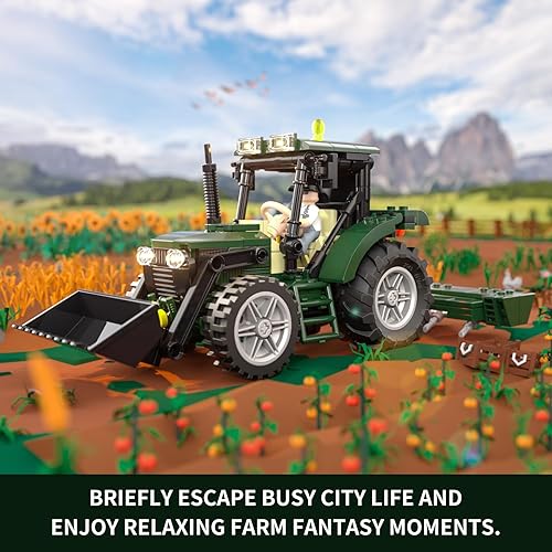 Miniatura 2 de FUNWHOLE Juego de ladrillos de construcción de iluminación de tractor de granja, modelo de tractor retro con minifigura LED, juego de construcción