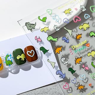 1 Sheet Dinosaur Nail Stickers 5D Dinosaur Heart Nail Art Decals Self-Adhesive Embossed Animals Nail Stickers Cute Nail Art Supplies Cartoon Animals Nails Accessories for Women DIY Manicure Decoration