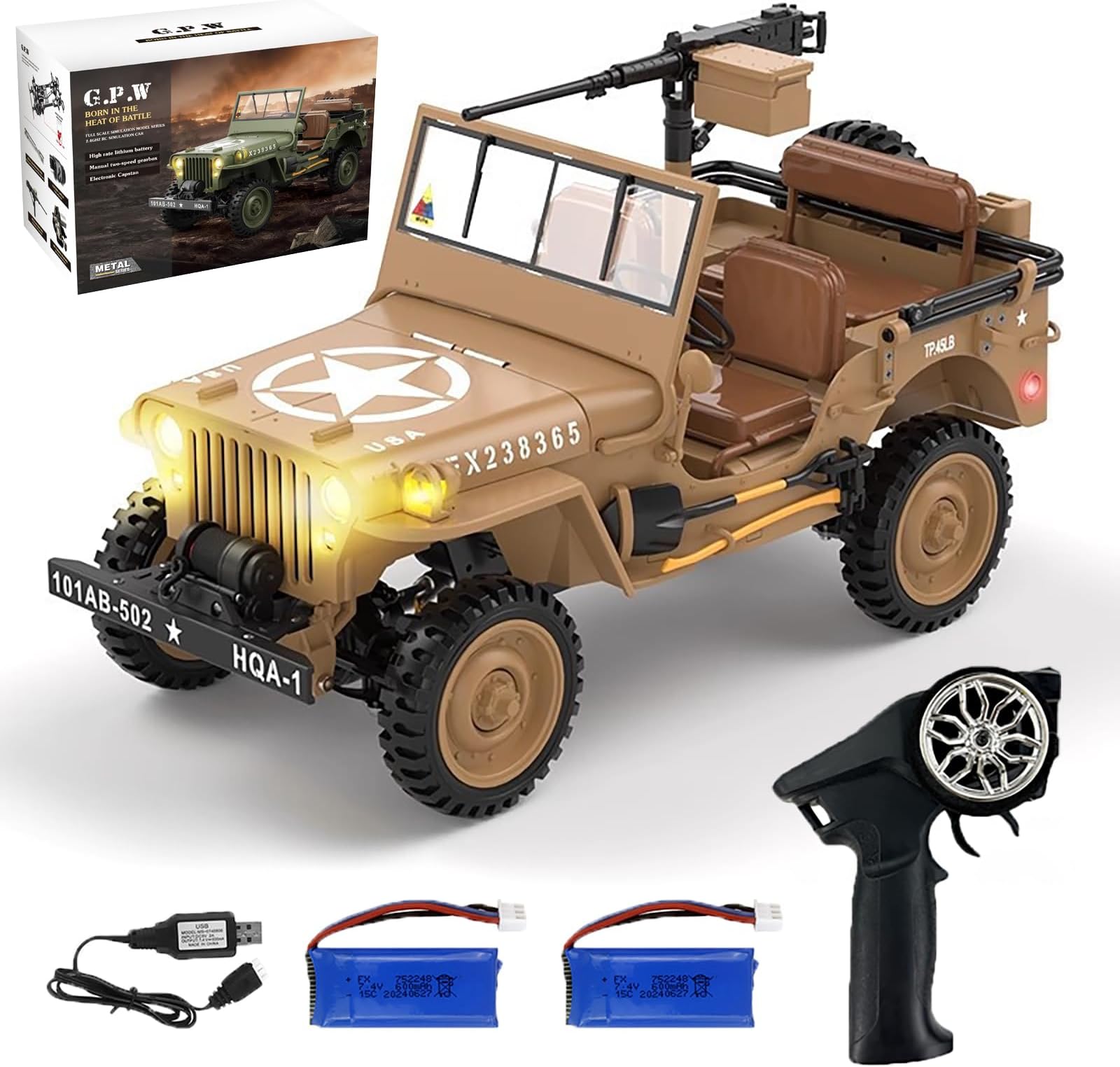 1:14 Scale Military Remote Control Car RC Crawler, 2.4G 4WD Off Road Jeep RC Truck with LED Lights and Sound Effects, Rock Climbing Vehicle for Adults (Yellow 2 Batteries)