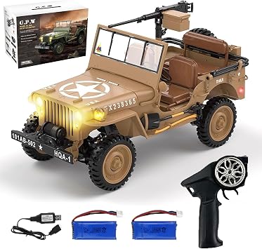 114 Scale Military Remote Control Car RC Crawler, 2.4G 4WD Off Road Jeep RC Truck with LED Lights and Sound Effects, Rock Climbing Vehicle for Adults Yellow 2 Batteries