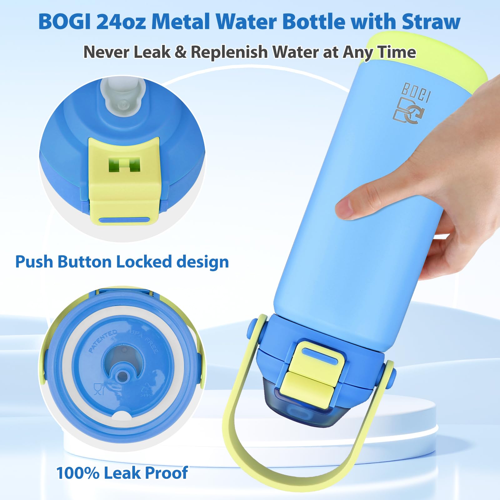 BOGI Metall-Wasserflasche mit Strohhalm, 720 ml, Edelstahl-Wasserflasche für Sport, Reisen, Fitnessstudio, auslaufsicher, isolierte Wasserflasche mit 2-in-1-Duo-Deckel, für Jungen und Mädchen, 2