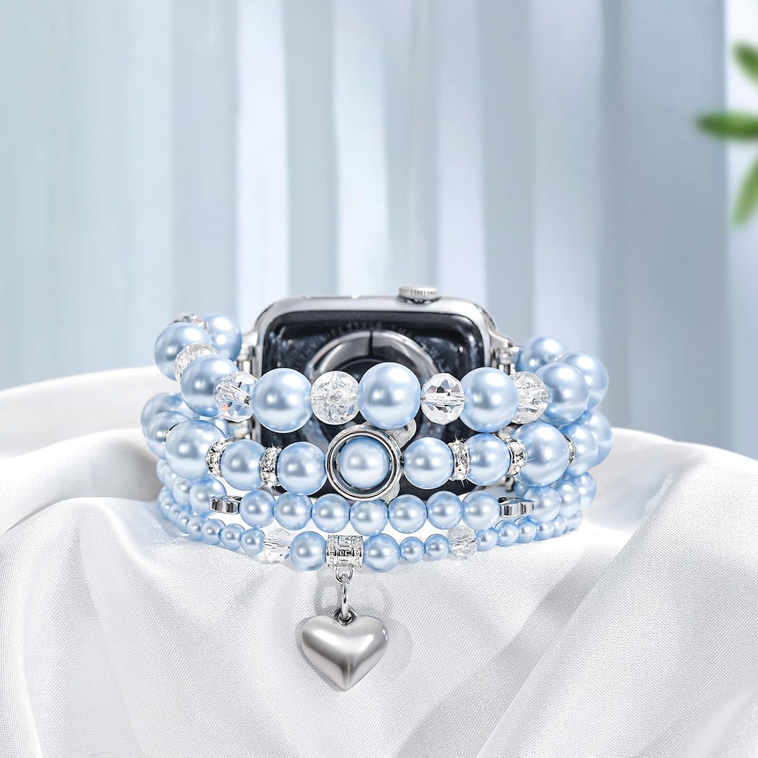 V-MORO Compatible with Apple Watch Band Pearl Series 11/10/9/8/7 45mm/46mm/44mm/42mm Fashion Beaded Elastic Bracelet Bling Jewelry Strap for iwatch SE Series 6/5/4/3/2/1 Blue,for 5.5-6.2 Wrist