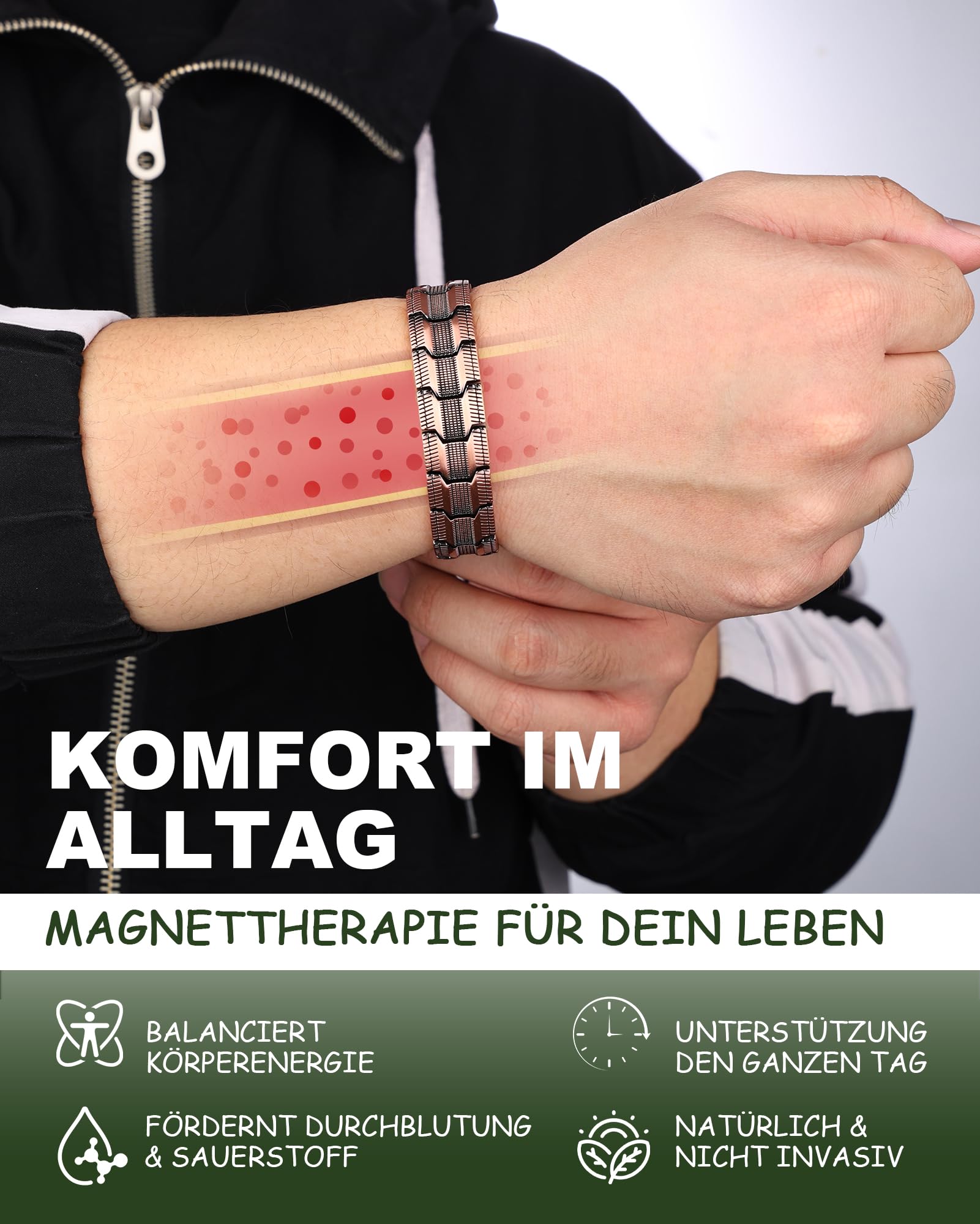 MagEnergy Bracelet en Cuivre pour Homme - Aimants Ultra-Forts de 5000 Gauss, Ajustable avec Outil de Réglage