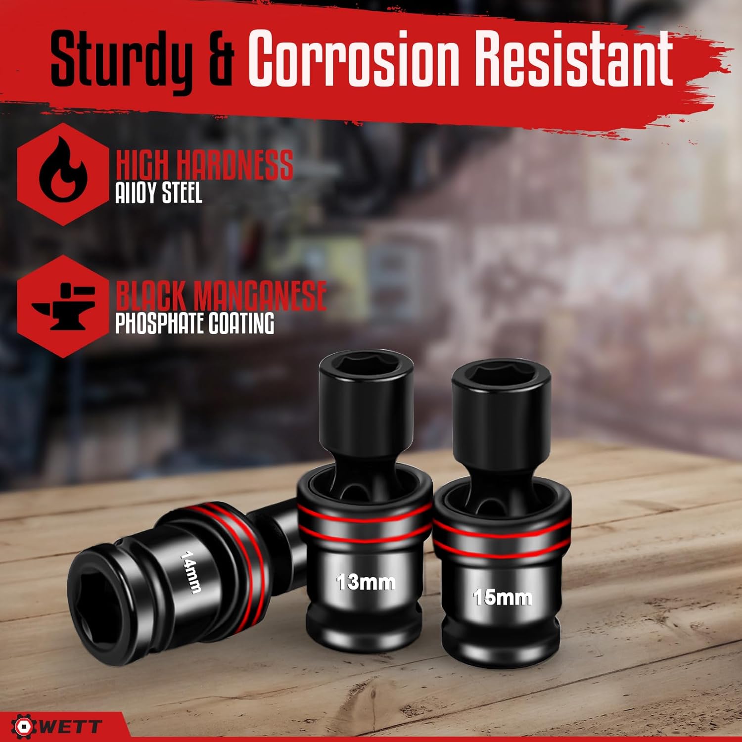 WETT 18-Piece 1/2" Drive Shallow Impact Universal Joint Socket Set, Metric Swivel Socket Set (10-24mm), Flexible Wobble Sockets with 3", 6" Extension Bar, Adapter, 6 Point