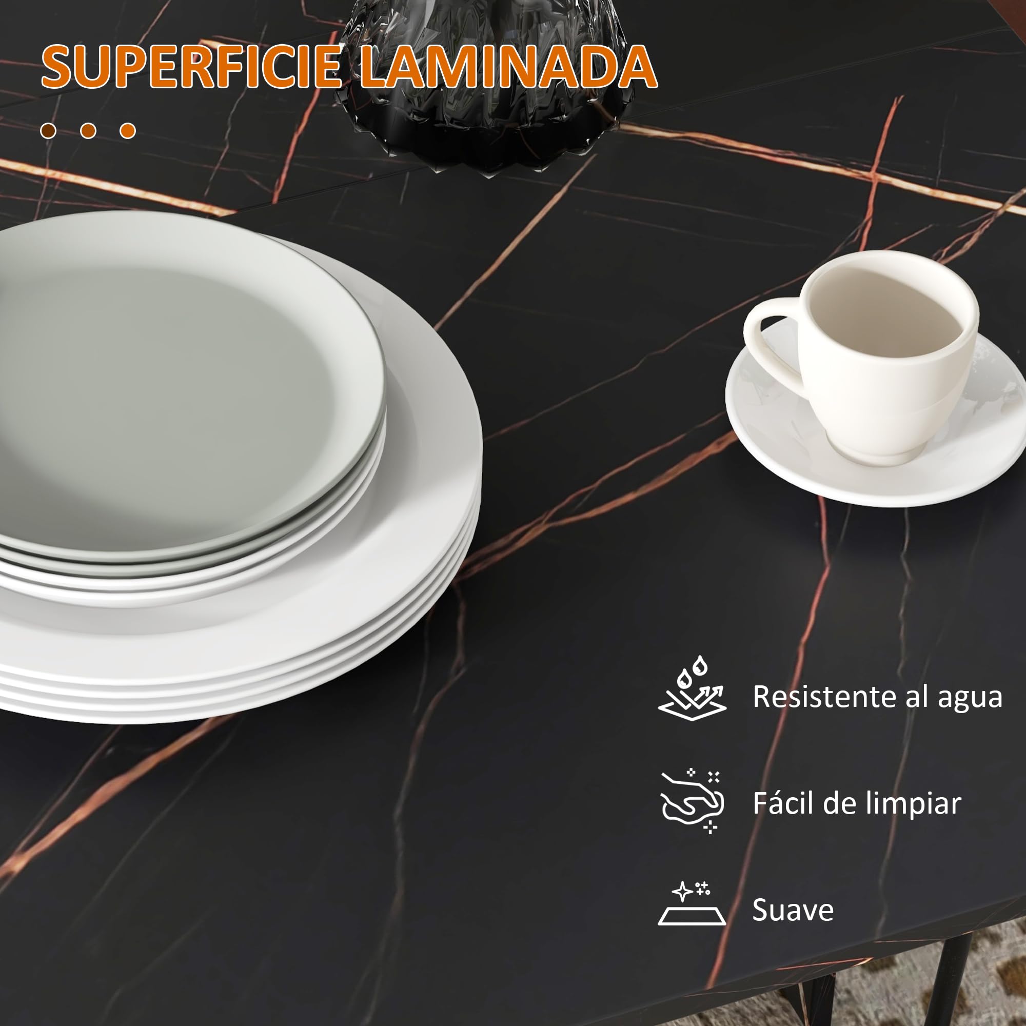 HOMCOM Mesa Plegable de Comedor Ruedas 120x80x73 cm Negro con Efecto Mármol | Mesa de Cocina Plegable, Alas Abatibles, Hasta 6 Personas, para Salón, Espacio Pequeño