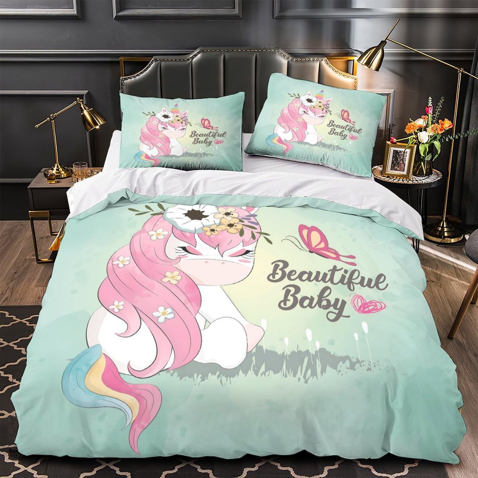 Parure de lit licorne pour fille avec housse de couette 135x200cm en microfibre douce