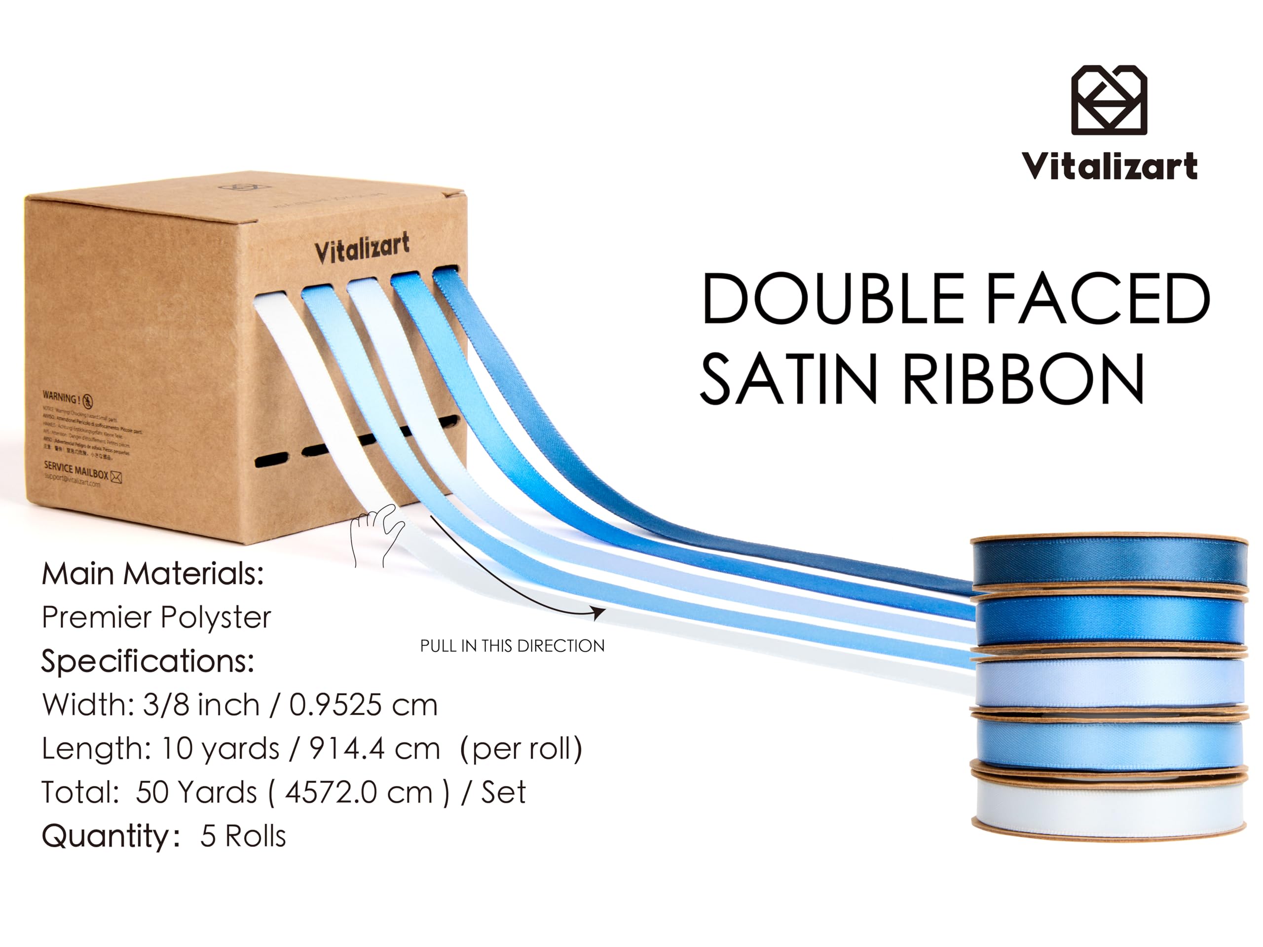 Vitalizart Blue Series Satin Ribbon for Crafts 3/8'' x 50Yd (5 Rolls x 10Yd) - Image 2
