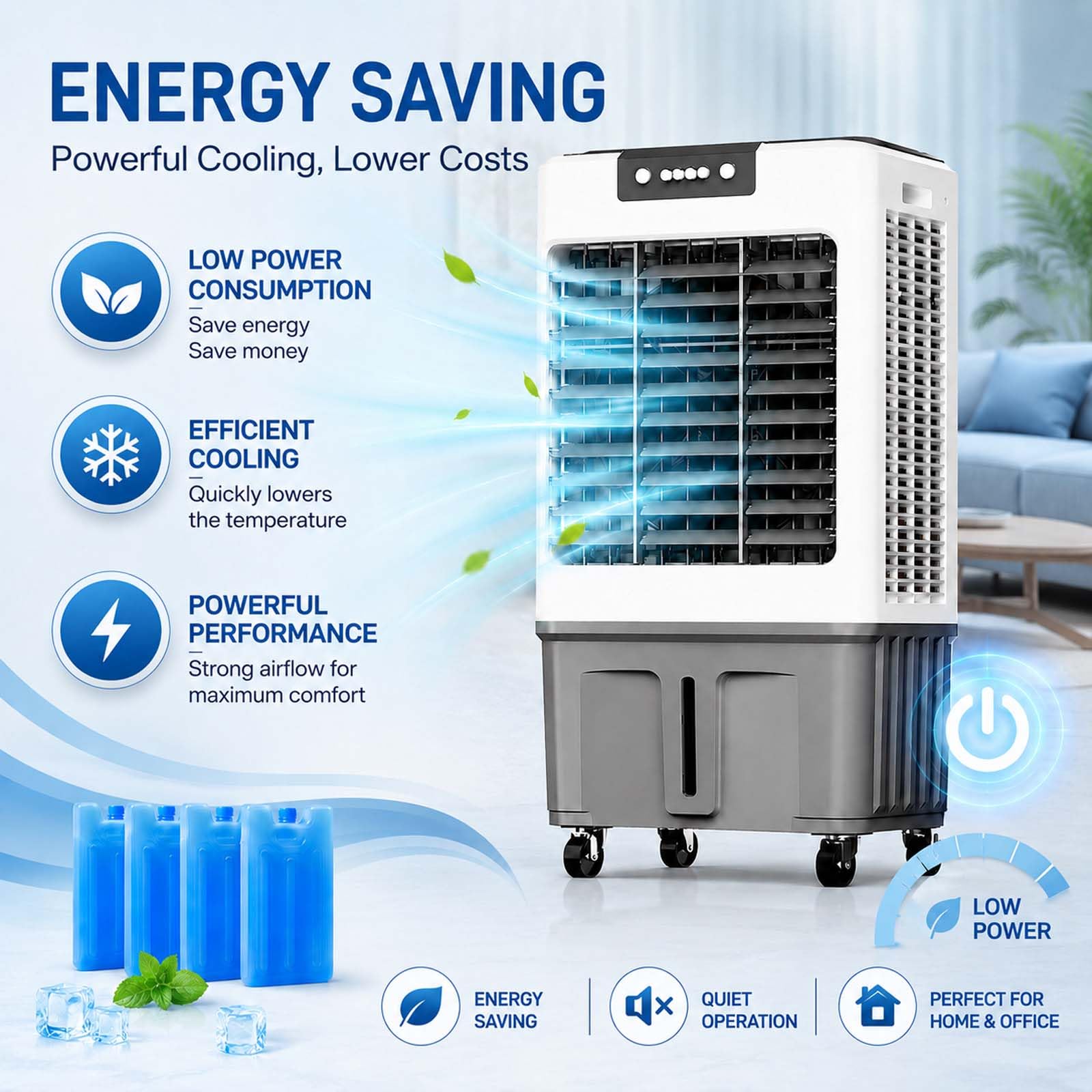 Climatizador Evaporativo Industrial, Sin Tubo con Botones, Ventilador Climatizador para Enfriar, Lamas Oscilantes, 4 Acumuladores de Frío, Temporizador 24 Horas, para Hogar y Oficina