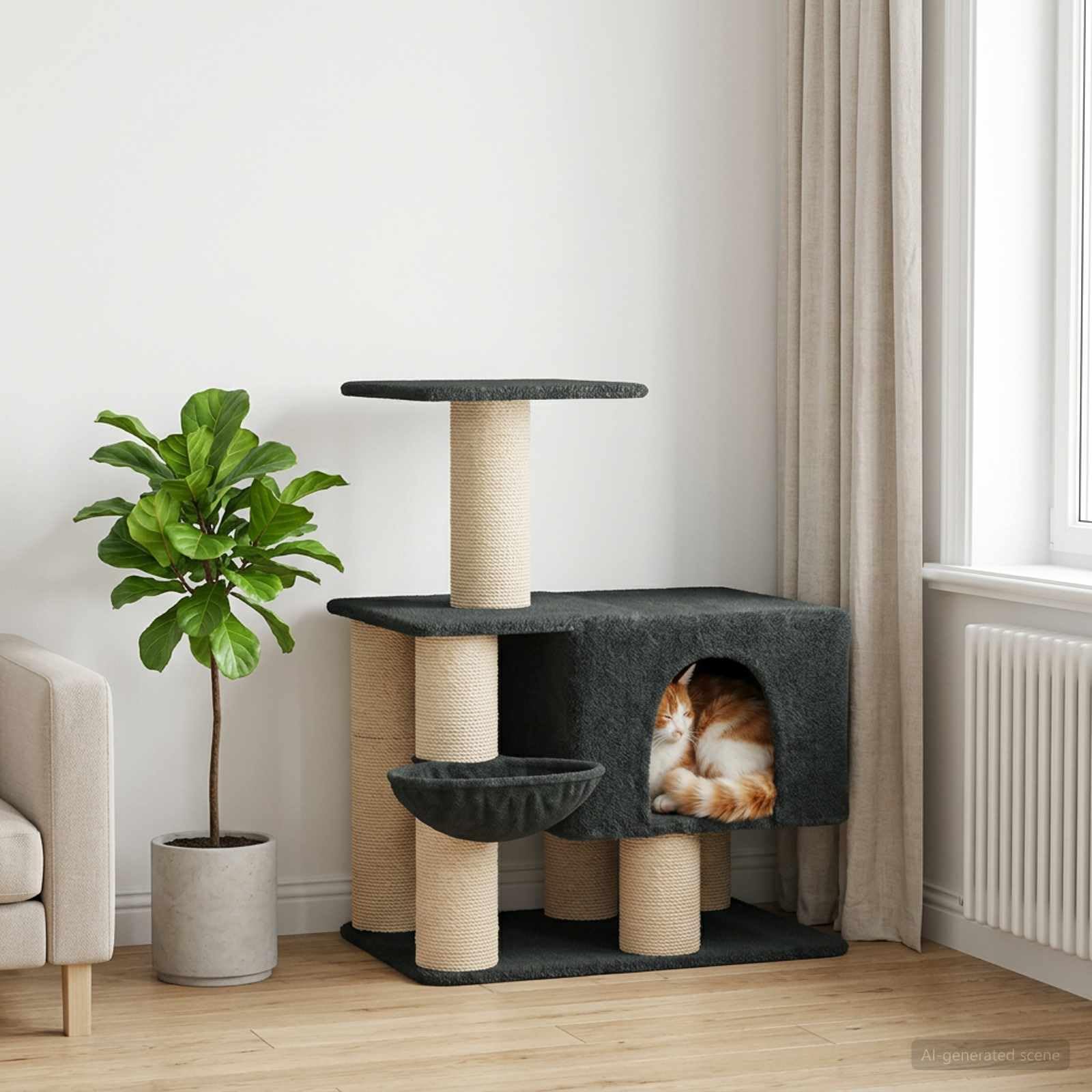 Árbol para gatos con columnas rascadoras de sisal, color gris oscuro, 96 cm de alto, rascador con cueva para gatos y plataformas de observación de madera y felpa para gatos, parque