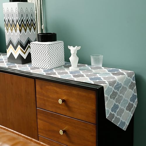 Miniatura 6 de Camino de mesa Marruecos de 36 pulgadas de lino y algodón, diseño geométrico marroquí a cuadros azul y gris, decoración de mesa de granja, bufandas