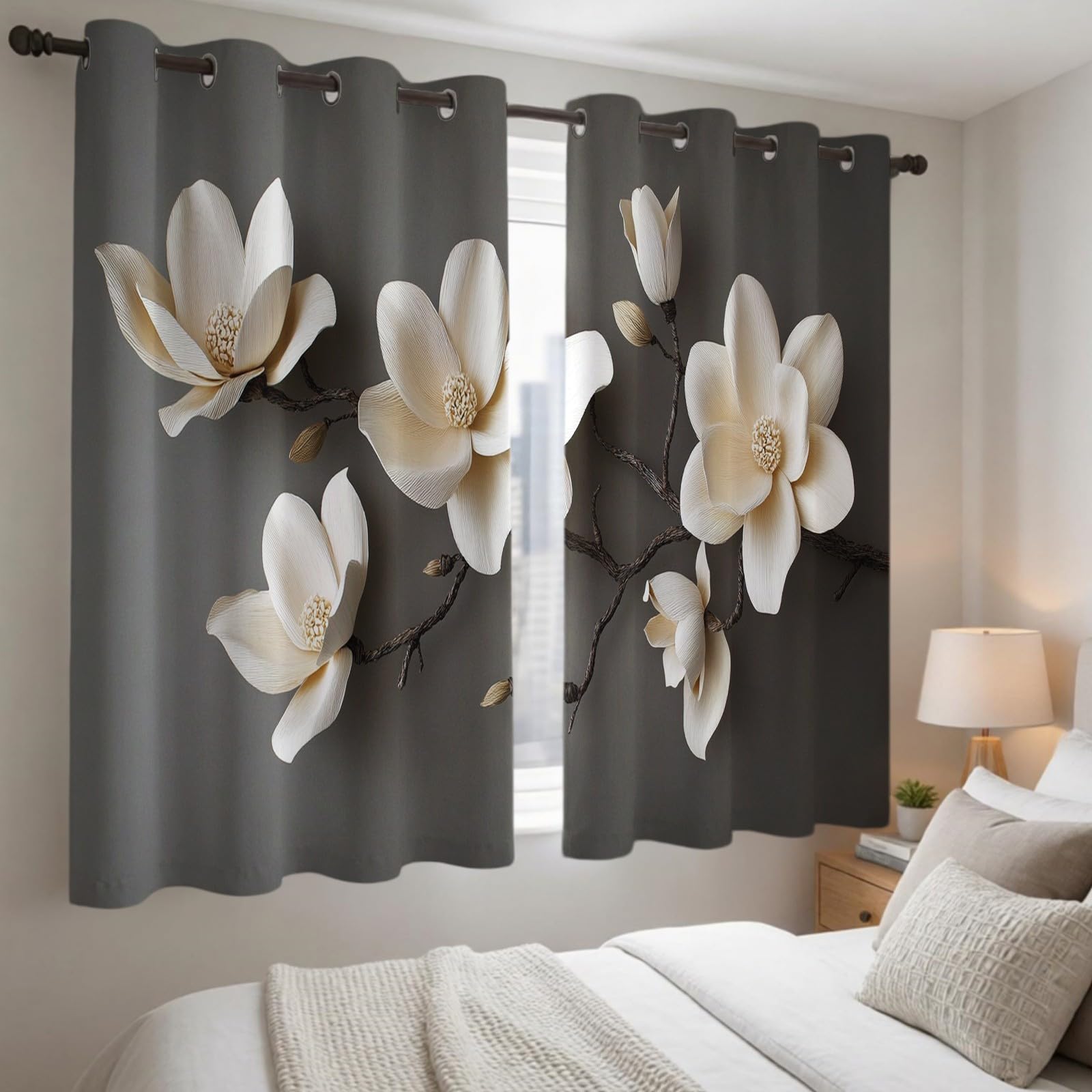 Rideaux Occultants Opaques Thermiques à Œillets Lot de 2, Fleurs de Magnolia pour Fenêtre et Porte, 132L X 210H cm