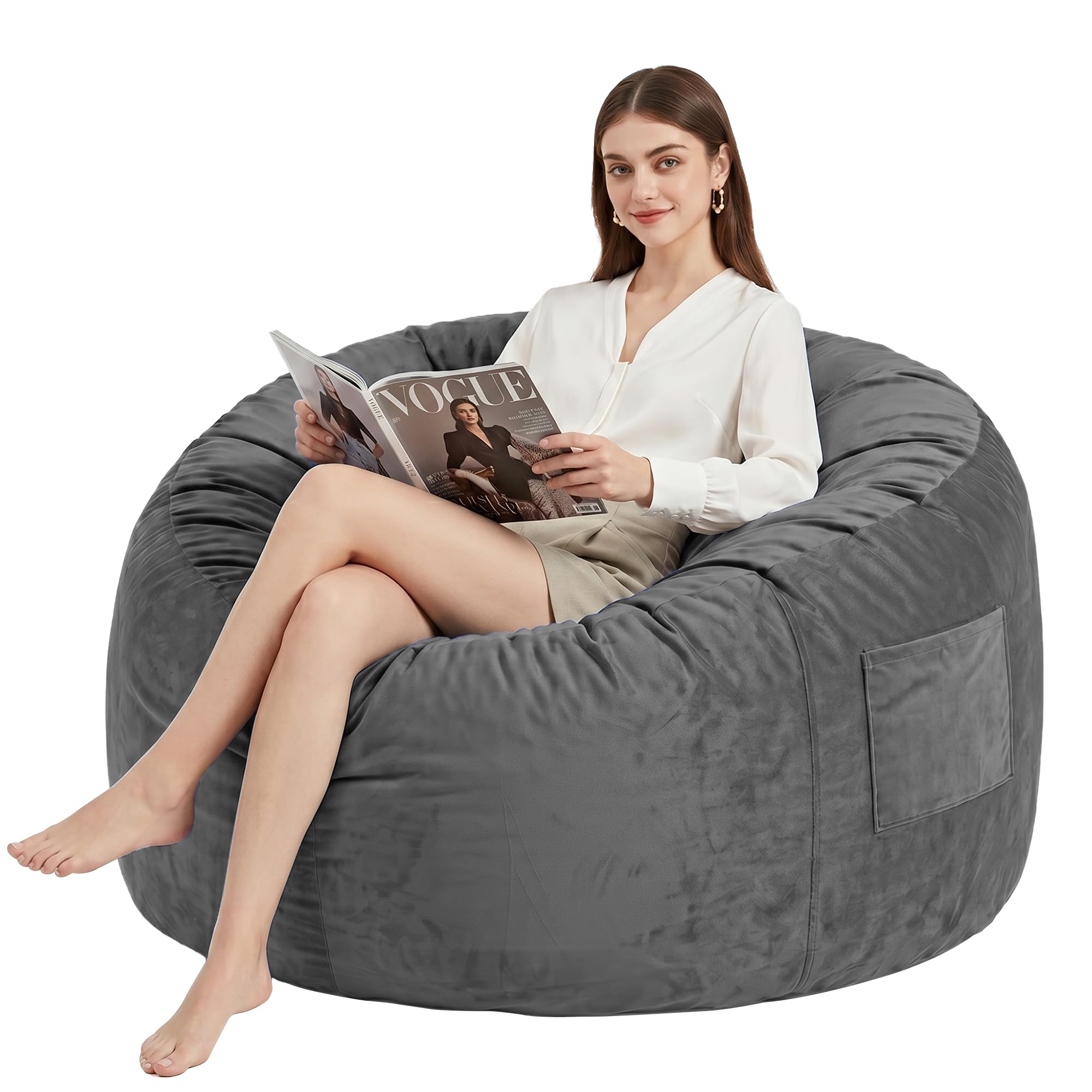 Kasunpul Sitzsack Stuhl Sitzsack Stühle für Erwachsene Riesen Sitzsäcke mit Samtbezug Bean Bag Flauschige Sitzsäcke für Wohnzimmer, Schlafzimmer, Grau, 90 x 90 x 49cm