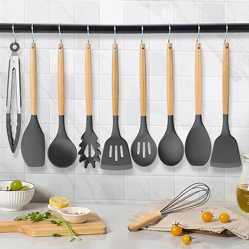 Miniatura 7 de HaWare Juego de utensilios de cocina de silicona, 10 piezas de utensilios de cocina antiadherentes con mango de madera, sin BPA, resistente al calor
