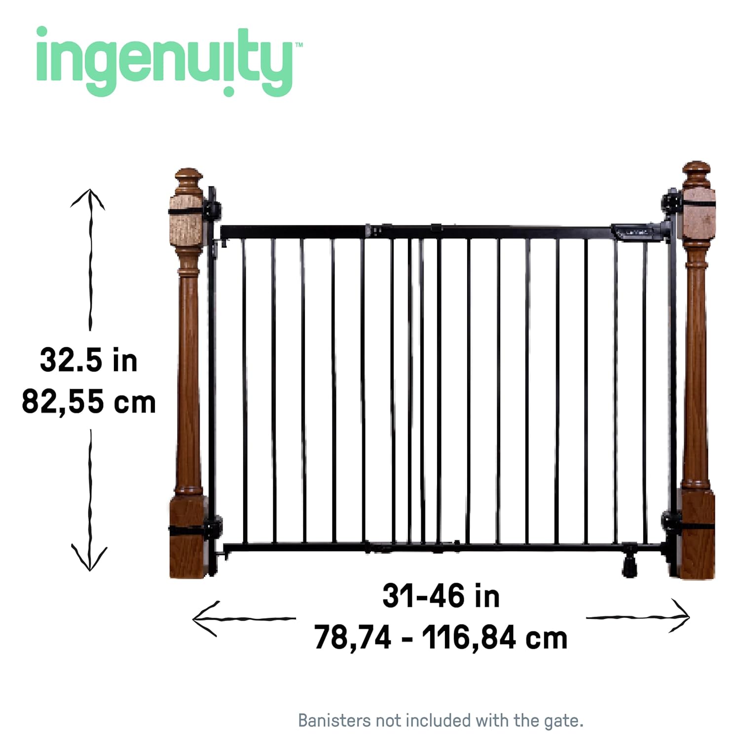 Ingenuity The Stairway+ 46W Series, Baby Gate for Stairs, Dog Gate Indoor for Banister Mount, Secure Stairway Safety Gate - Black