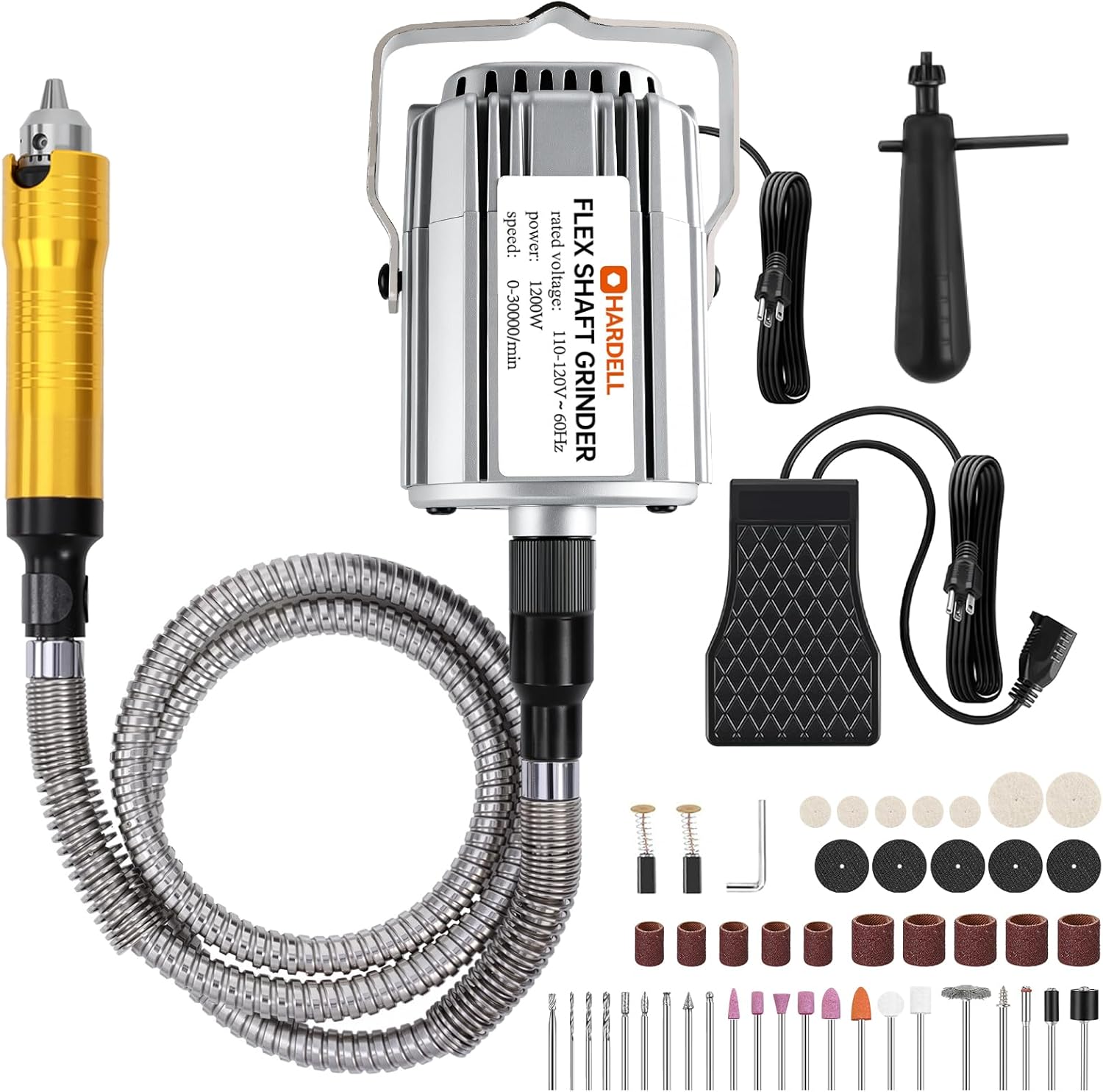 1200W Flex Shaft Grinder, 30000RPM Variable Speed Flex Shaft Rotary Tool Kit with 46pcs Accessories, 0-1/4" Universal Chuck Hanging Grinder for Polishing, Carving, Silver, Wood, DIY Creating