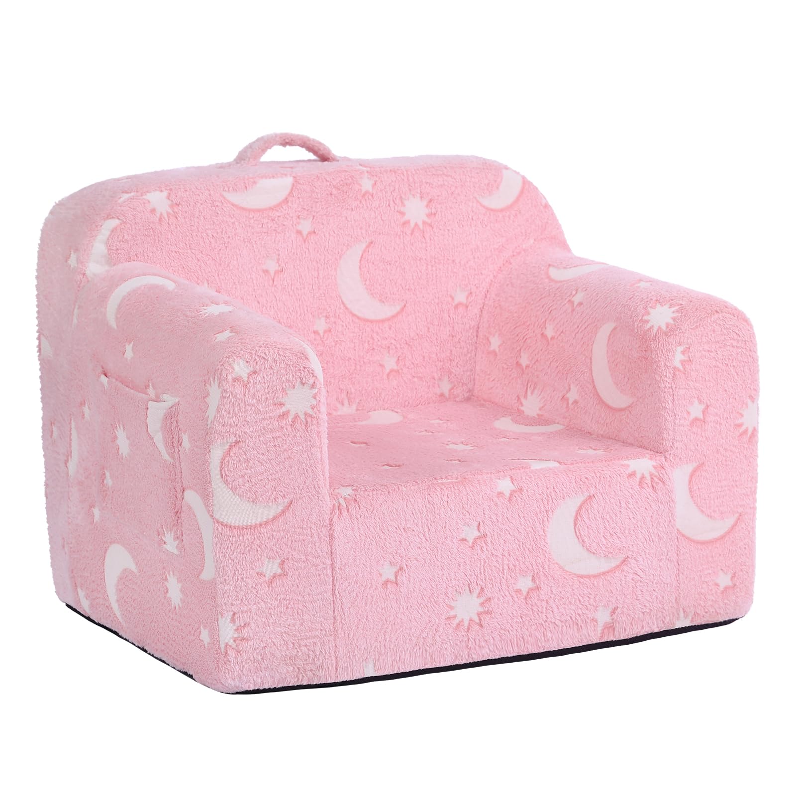 WelnowKids Sofa Toddler Chair, Chirldren Couch with Side Pockets Glow in The Dark Kids Armchair with Removable and Washable Cover Carrying Handle Kids Read Sofa for Girl or Boy, Pink Moon