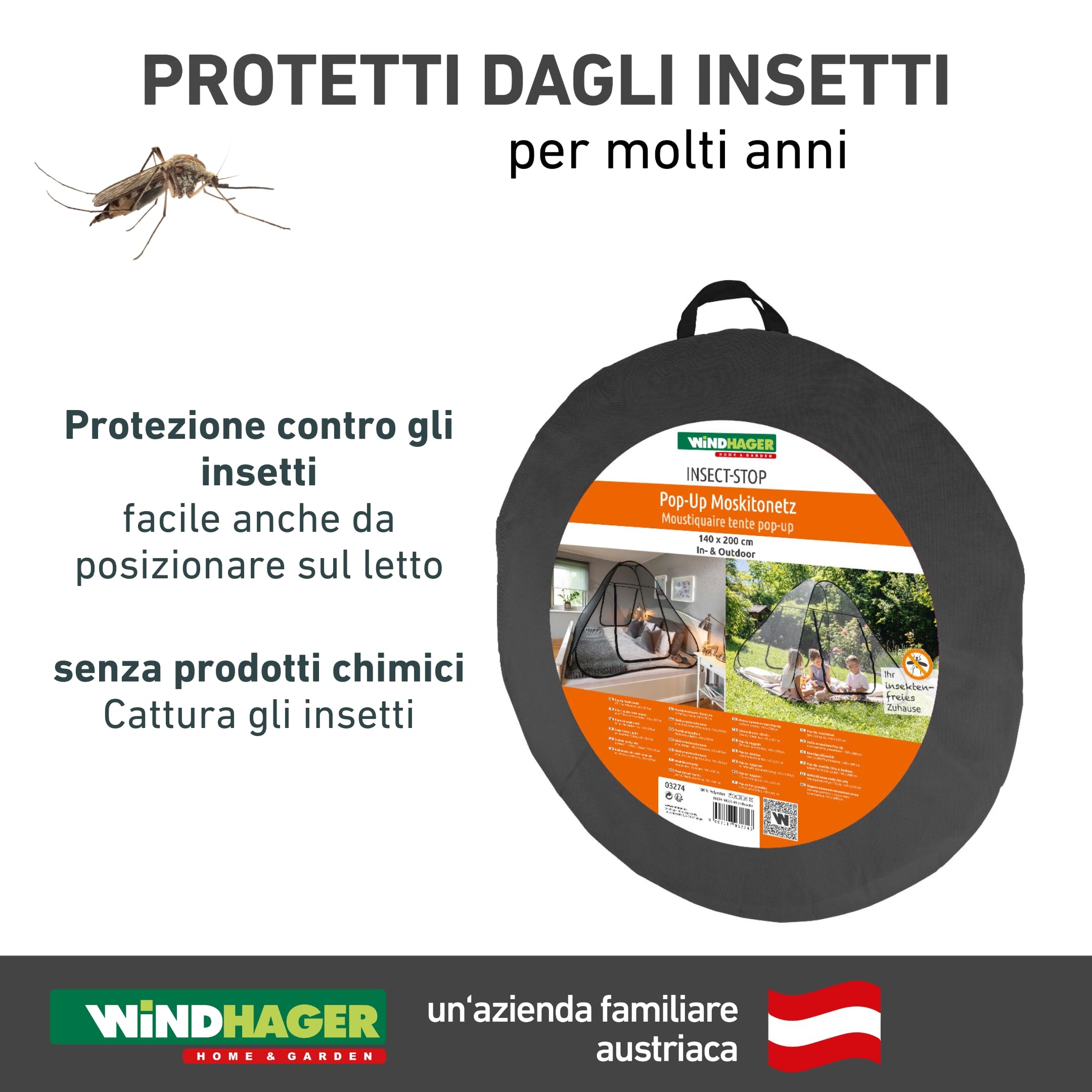 Windhager Zanzariera per Letto Matrimoniale Pop-Up 140x200 cm Antracite