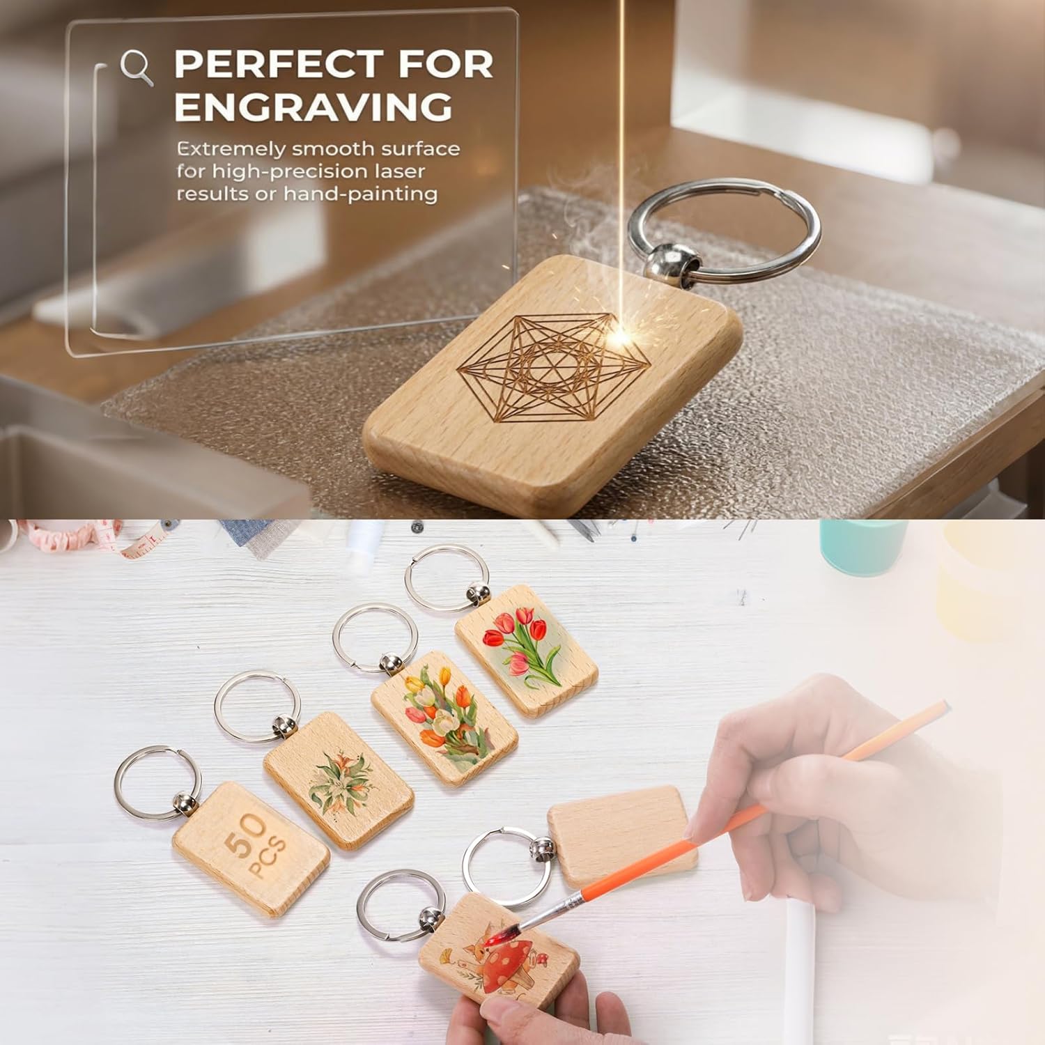 WRINGKIT 50 Pieces Wood Keychain Blank, Unfinished Laser Engraving Blanks with Key Rings, Rectangular Keychain Ring Tag Wood Sign Bulk for DIY, Crafts Gift, Pet Tags