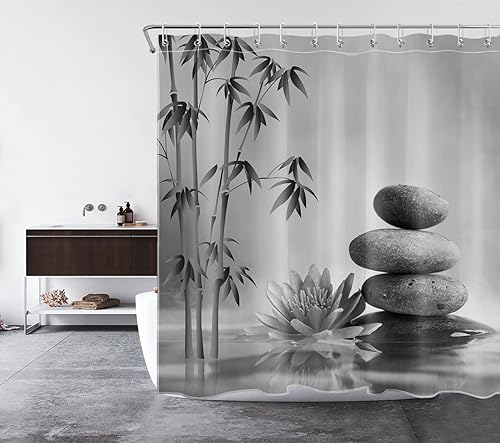 Miniatura 4 de LB Cortina de ducha de piedra zen con reflejo de lirio de agua de bambú, cortinas de ducha para baño, cortina de baño blanco y negro con 12 ganchos,