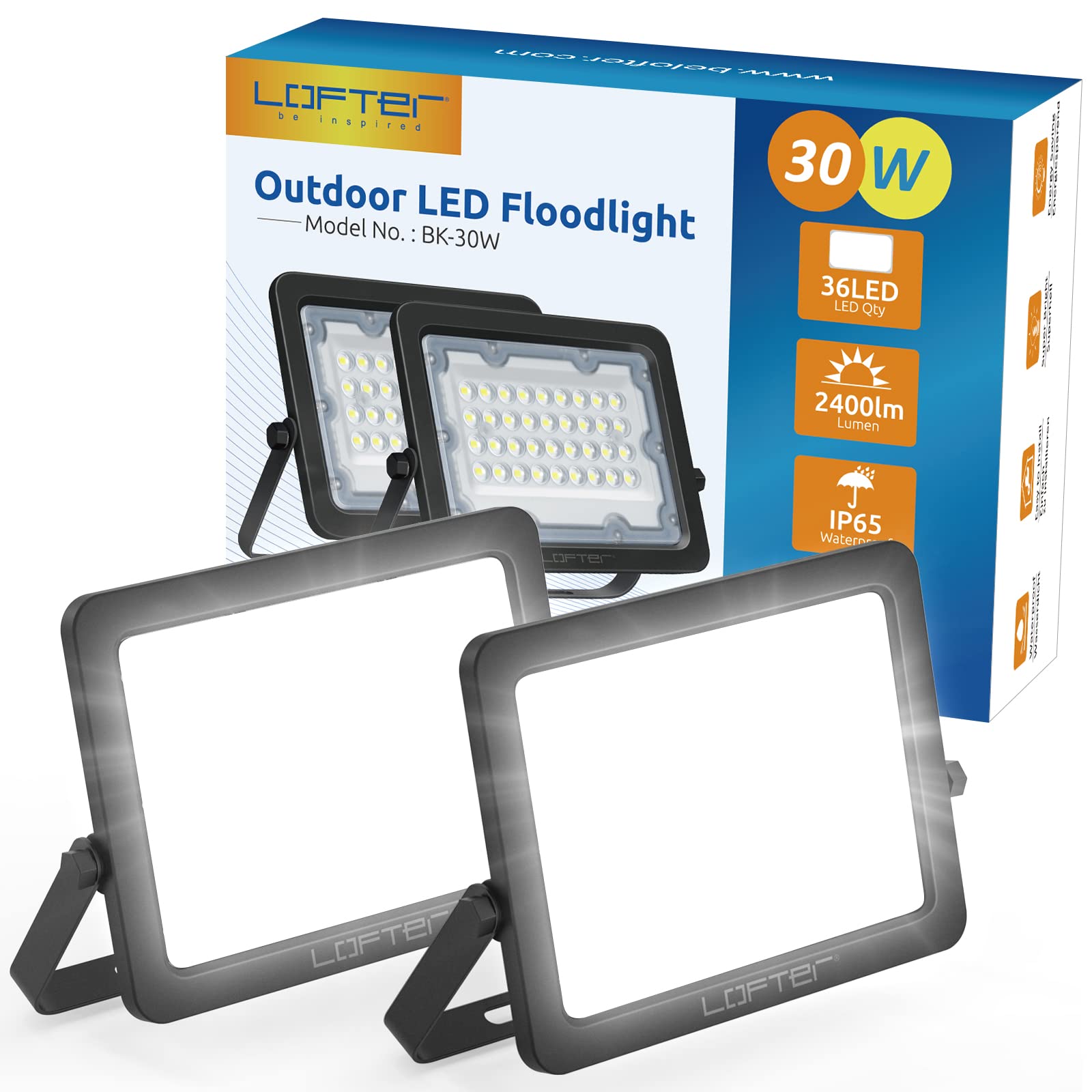 30W LED Flood Light Outdoor, 2022 New 2700lumen Super Bright Floodlights, IP65 Waterproof LED Outside Lights Perfect for Garden, Patio, Backyard, Front Yard, Garage, Shed, 6000K Cold White, 2 Pack