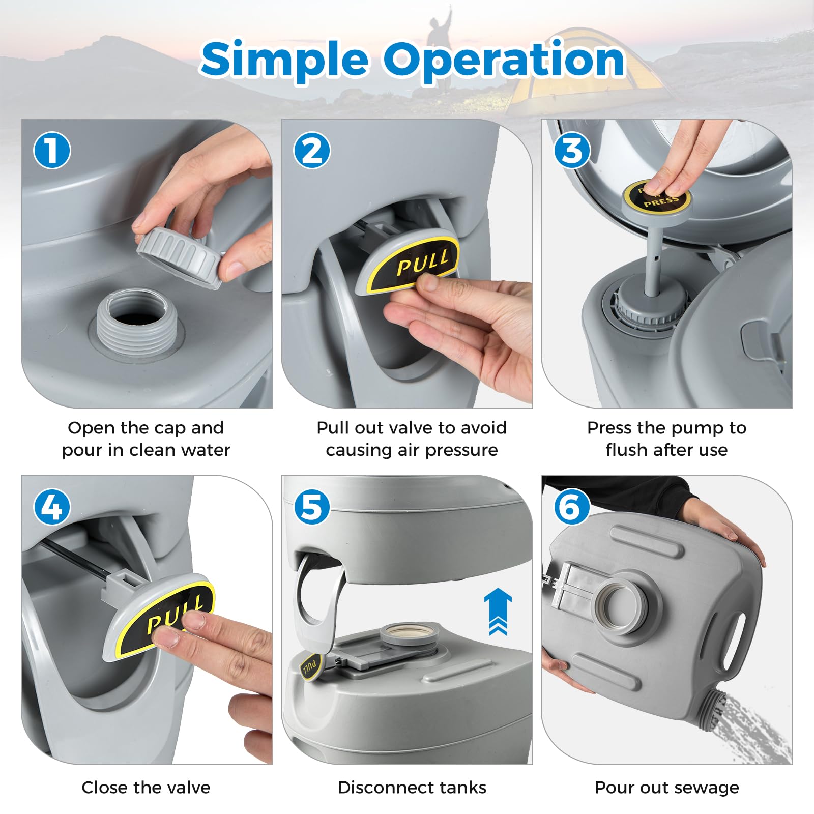 FANTASK Tragbare Campingtoilette, Reisetoilette mit Spülpumpe, Mobile Campingklo mit 20 L Abwassertank, Camping WC für Camping, Angeln