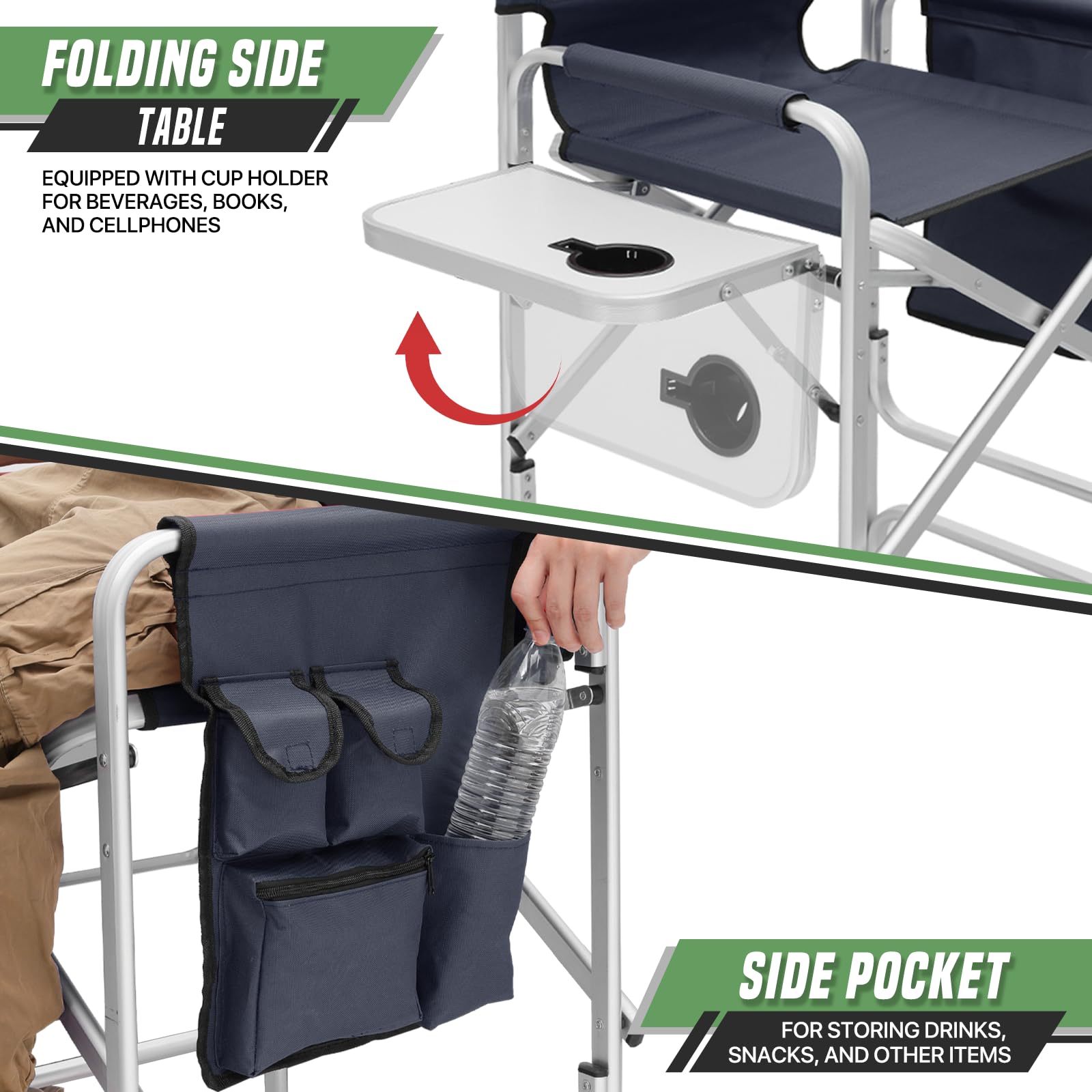 Sedia da regista, alta 78 cm, pieghevole, con telaio in alluminio, sedia da trucco per truccatori, sedia da campeggio portatile con tavolino, portabicchieri e tasche, capacità 113,4 kg (blu)