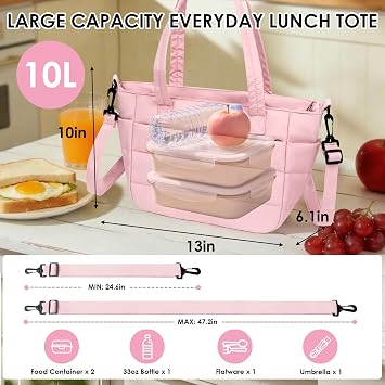 Wdmiya Insulated Lunch Bag for Women, Quilted Lightweight Puffer Tote Bag with Lunch Compartment & Cup Holder, Soft Reusable Lunch Box for Adults Work, Travel, Camping, Picnic, Outdoor, Pink