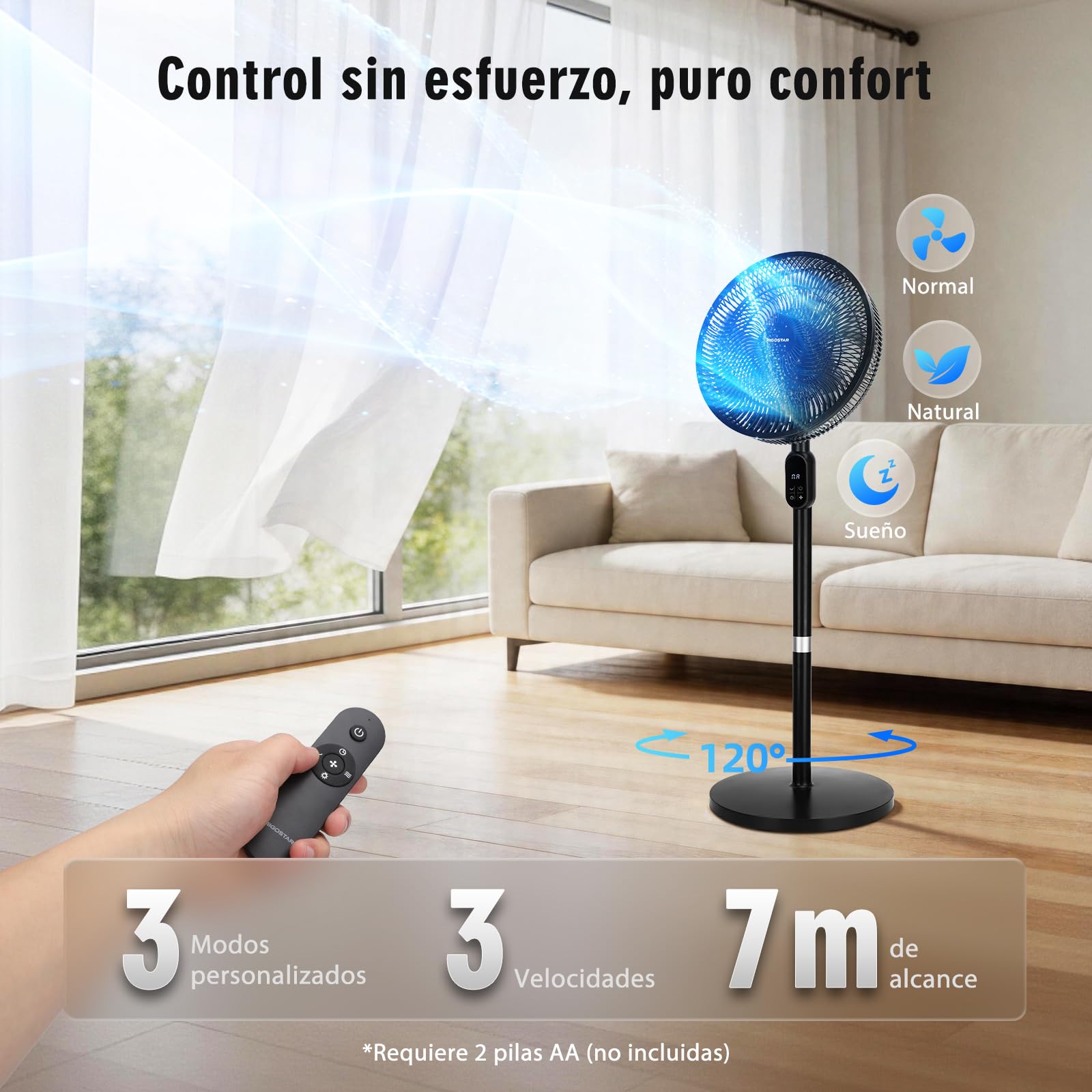 Aigostar Ventilador de Pie Silencioso, Oscilación de 120º, 7 Aspas, Mando a Distancia, Pantalla Táctil, Temporizador 12 h, 3 Velocidades, 3 Modos, Ventilador de Pie y de Sobremesa 2 en 1, 91/125 cm
