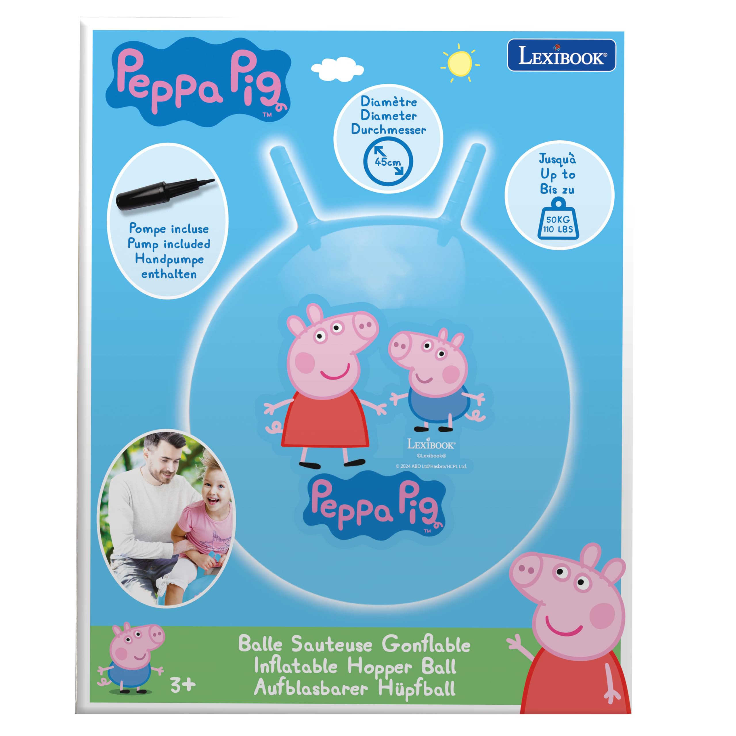 LEXIBOOK, Peppa Pig, Pelota saltarina Inflable, Bomba Manual incluida, Plásticos Seguros y duraderos, Azul, BG040PP