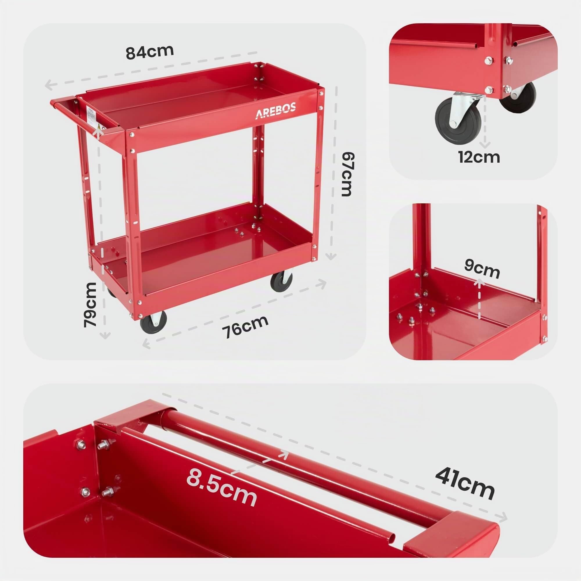Arebos Servante d’Atelier 2 Étages | Chariot à Outils en Acier | Capacité de Charge Jusqu’à 100 kg | Mobile et Robuste | Rouge
