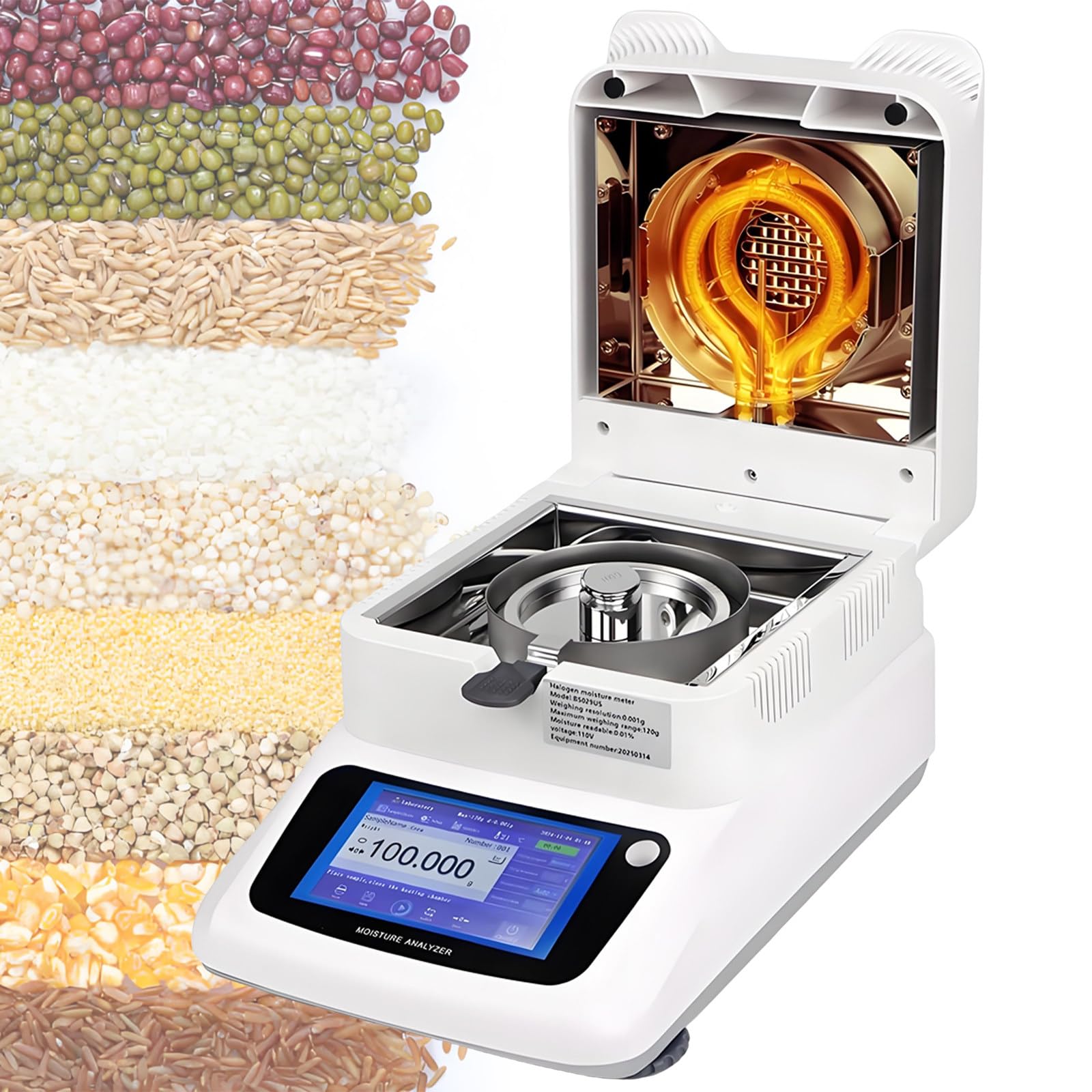 vnmudzeo Desktop Moisture Analyzer,w/Stainless Steel Sample Pan + Calibration Weights,40-230°C Moisture Meter,120g Capacity,for Grains Tea Meat Snacks 0.002g