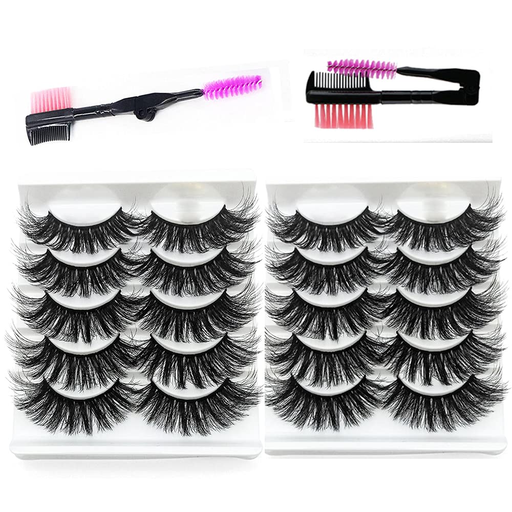 3D Mink False Eyelashes Full Strips Thick Cross Long Lashes Wispy Fluffy Eye Makeup Tools 5 Pairs (10 Pairs-Q7 +1 Comb Set)