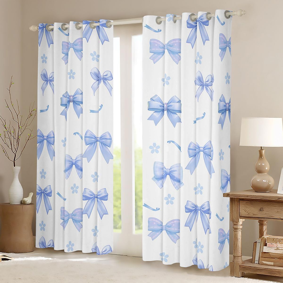 Homewish Wstążka z kokardą, niebieskie zasłony okienne, 117 x 183 cm, 2 zestawy paneli – marzycielska księżniczka zasłony zaciemniające kokarda, , zasłony okienne, kwiat wiśni do sypialni