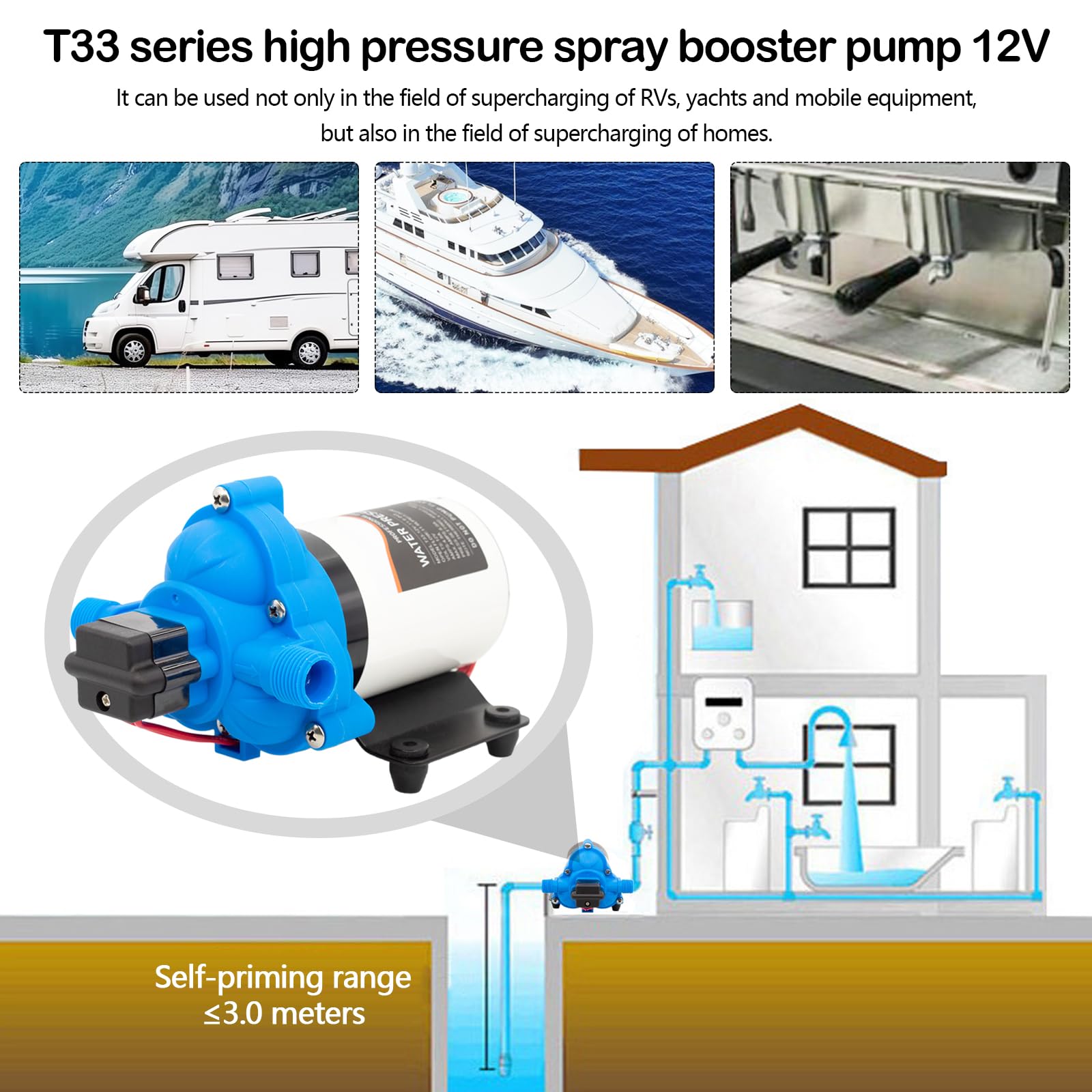 Bomba Agua, Bomba de Diafragma Autocebante de Alta Presión DC 12V 3,1 bar 45 PSI Diafragma de Alta Presión Bomba de Limpieza con Filtro para Vehículos RV y Autocaravana Botes