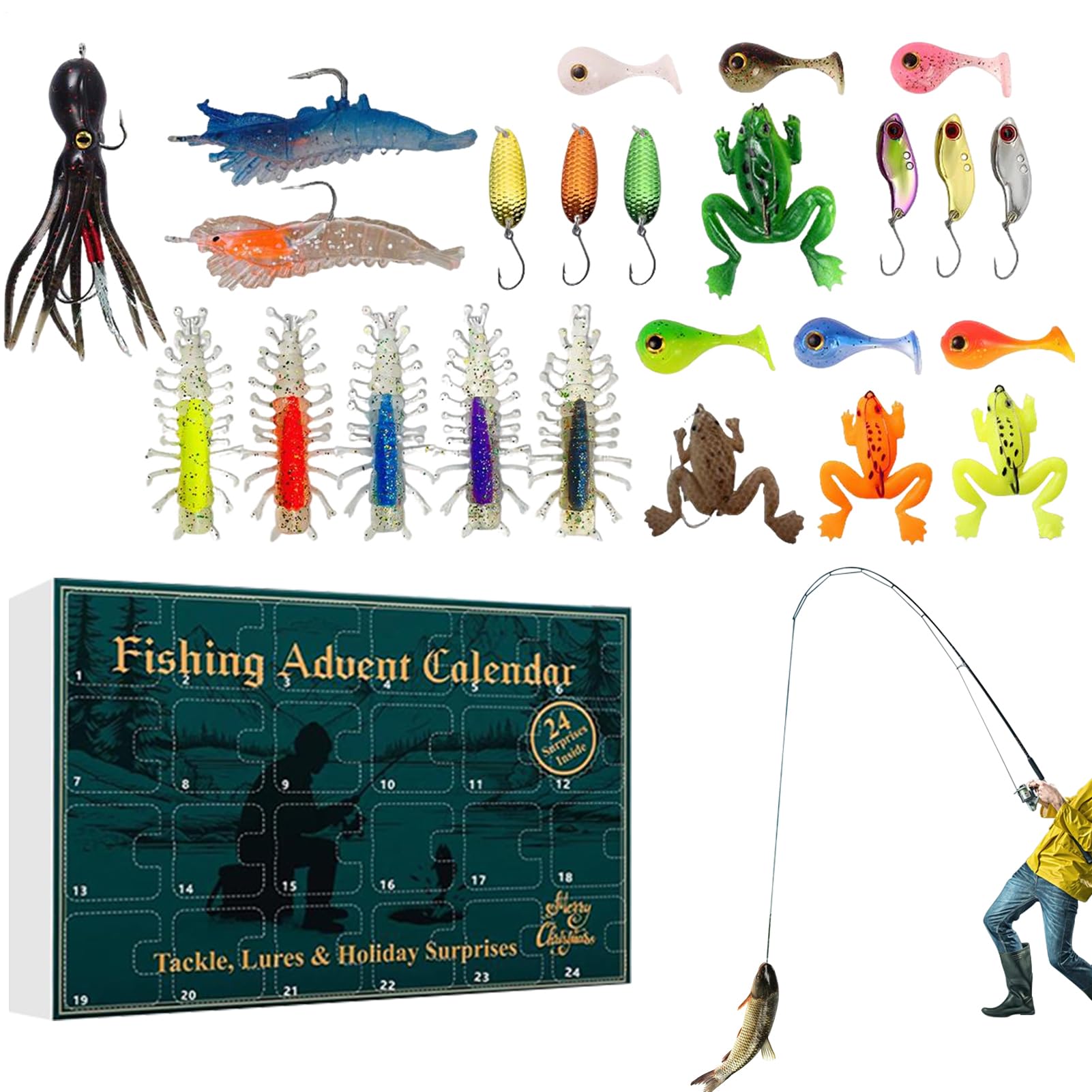 Calendario De Adviento Para Pesca 2025 | 24 Días De Equipo De Pesca De 2025 Para Fiestas - Calendario De Cuenta Regresiva Kit De Cebo Para Pescado De Navidad | Para Agua Dulce Y Salada Río Trucha Bar