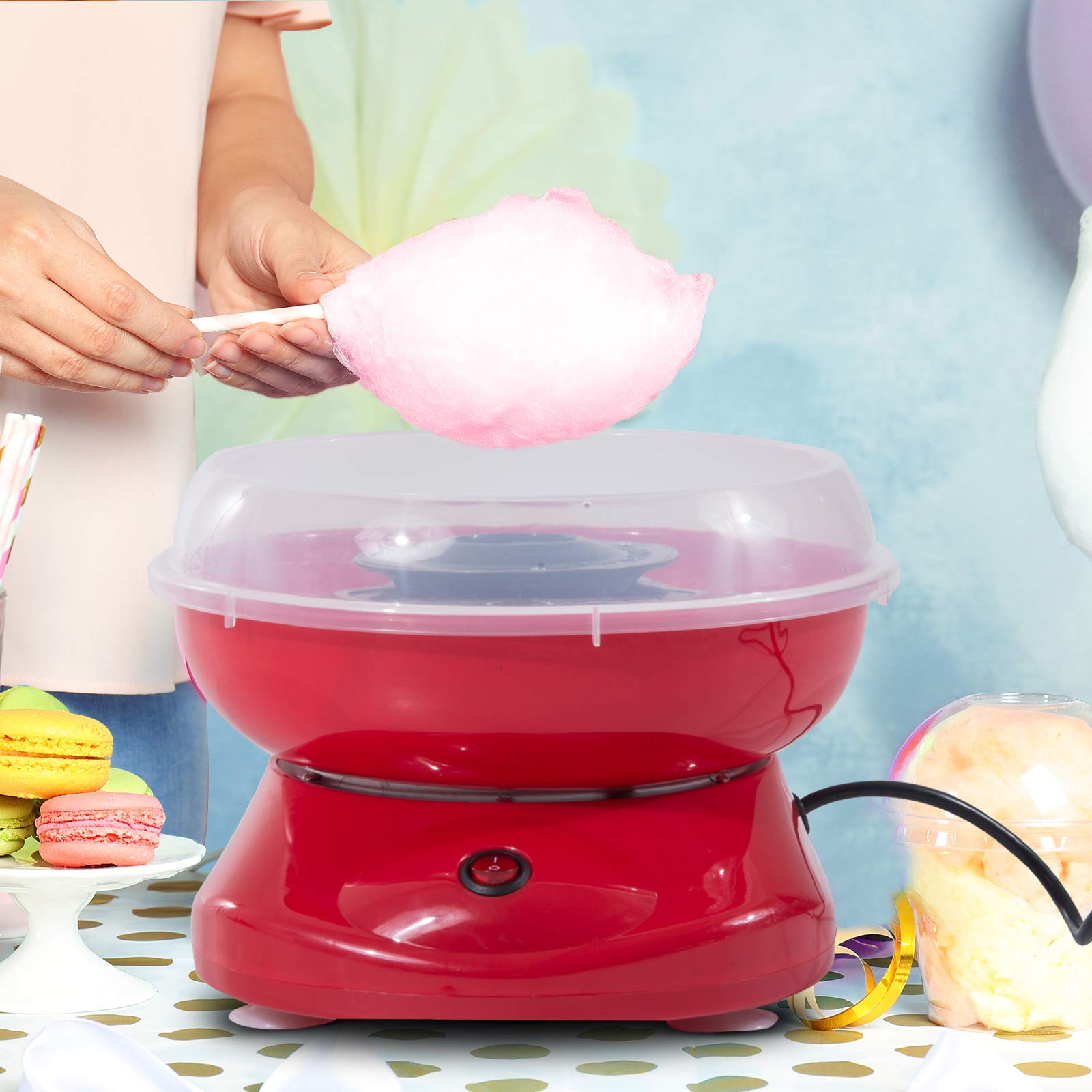 HOMCOM Máquina de Algodón de Azúcar, 450W-550W, Máquina para Hacer Algodón de Azúcar con 10 Palitos, para Fiestas de Cumpleaños Infantiles, en Casa, 27x26x18 cm, Rojo
