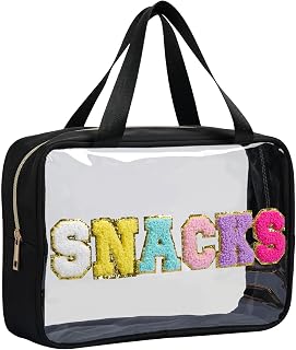 Yowivon Large Snack Bag for Travel, Waterproof Preppy Bag with Zipper and Handle, Clear Tote Bag for Beach, Camping, Business Trips, Swimming, Sports, Stadium Event, Black, L