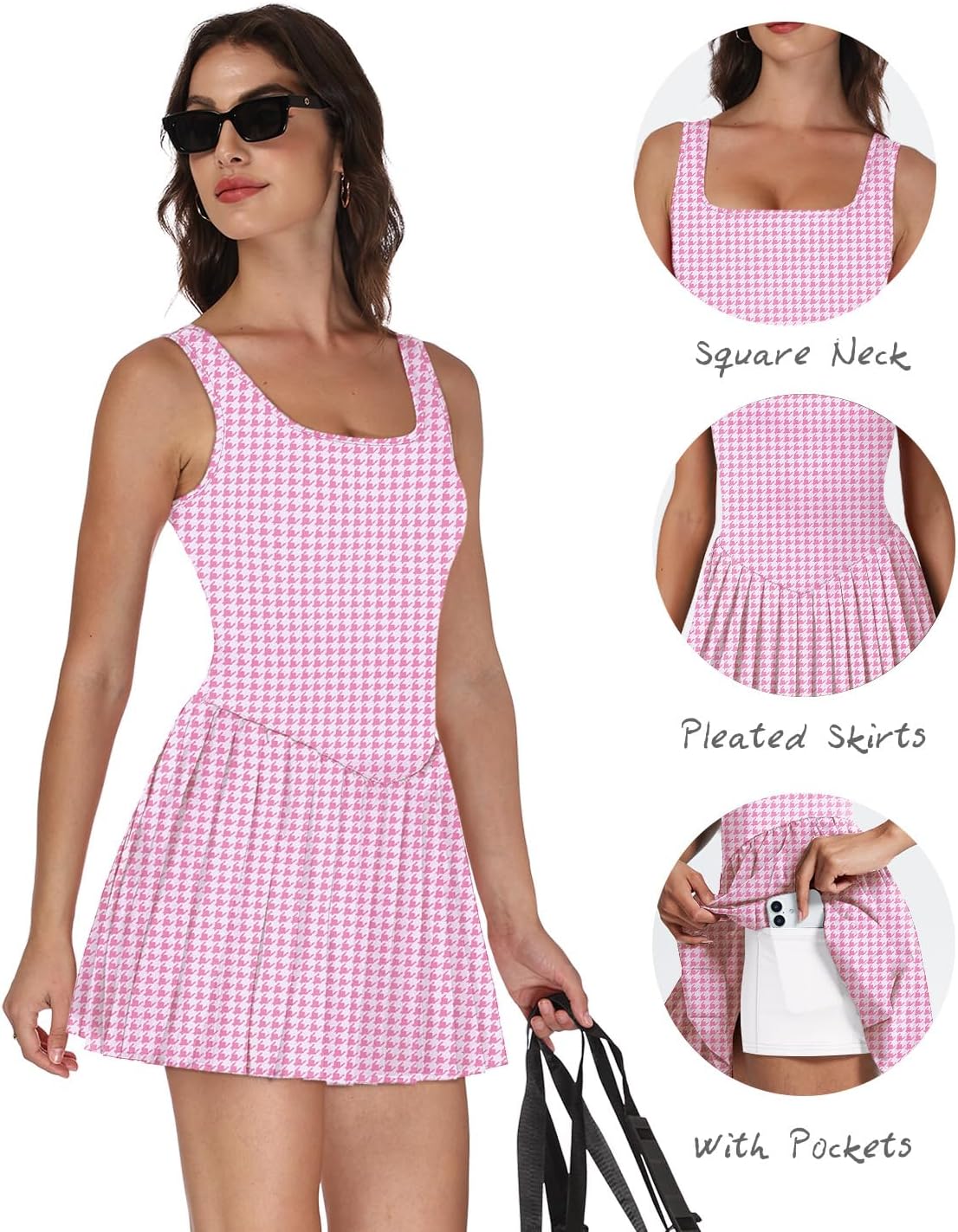 Athletic Dress for Women Built in Shorts U Neck Womens Tennis Dress Pleated with Pockets Sleeveless Golf Clothes
