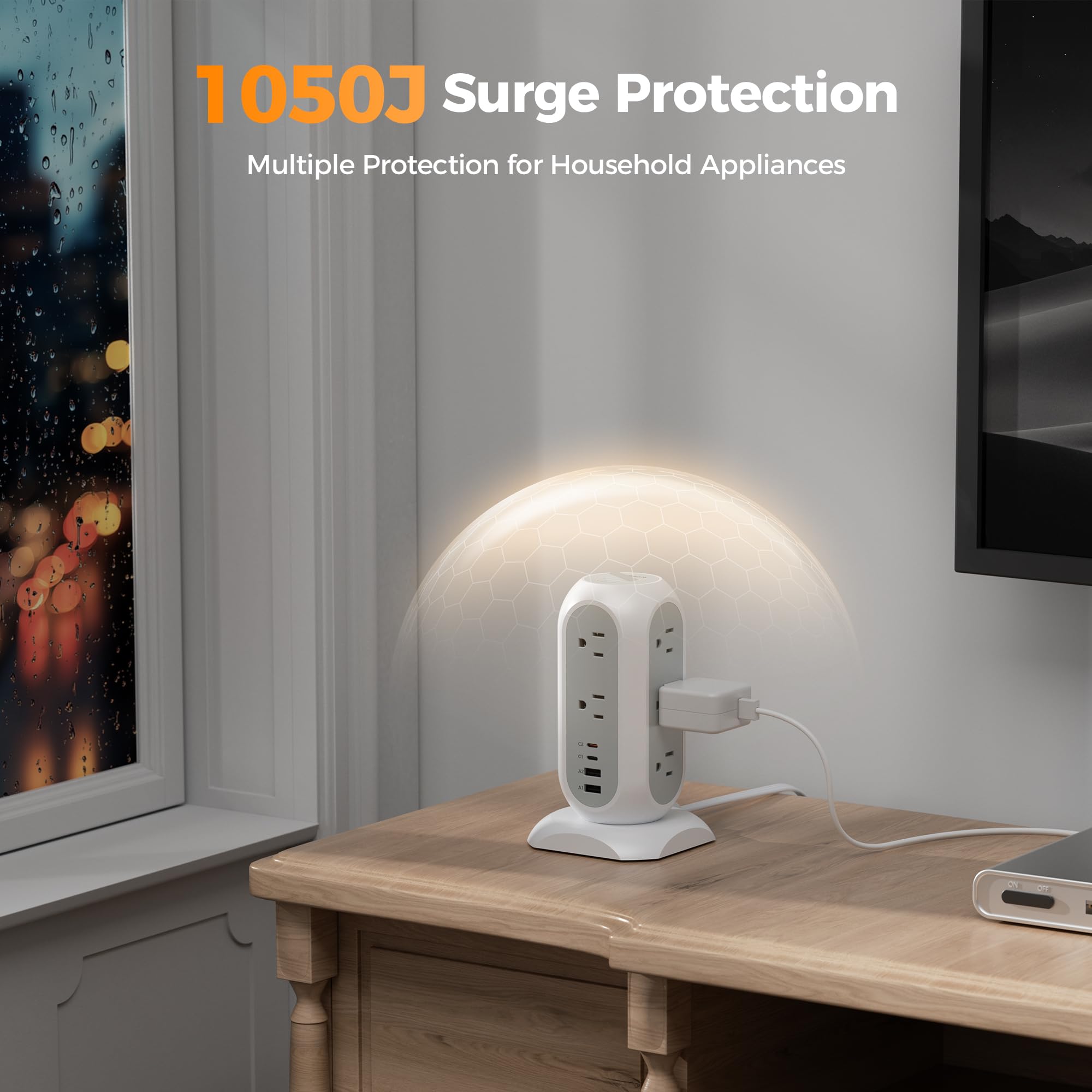 TESSAN Tower Power Strip Flat Plug with 1050J Surge Protection, 6 Ft, Grey — Amazon image 6