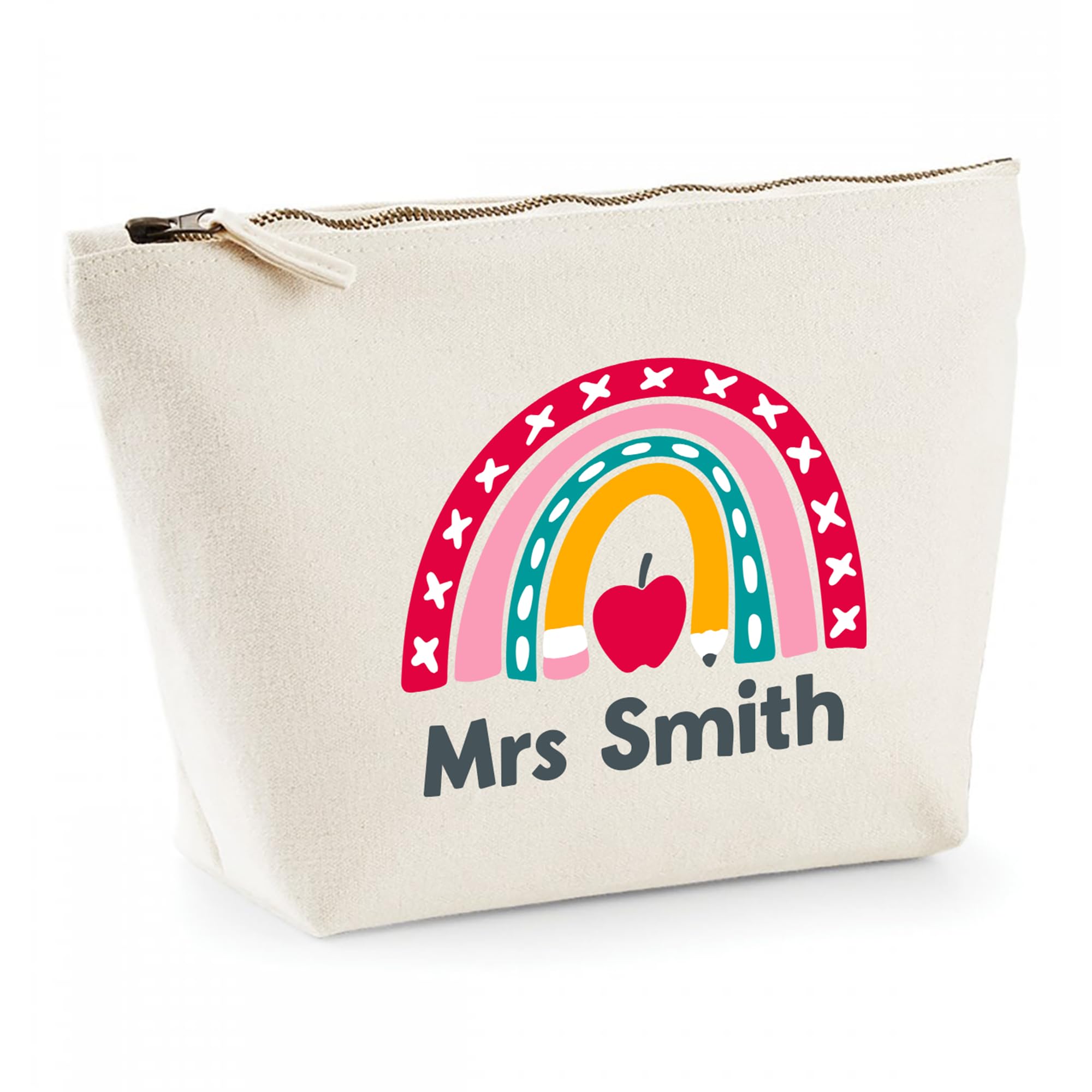Personalised Teacher Gift - Custom Name Rainbow Pencil Case with Apple Design - Bright Canvas Zip Bag for End of Term Thank You - School, Nursery or SEN Staff Accessory Pouch