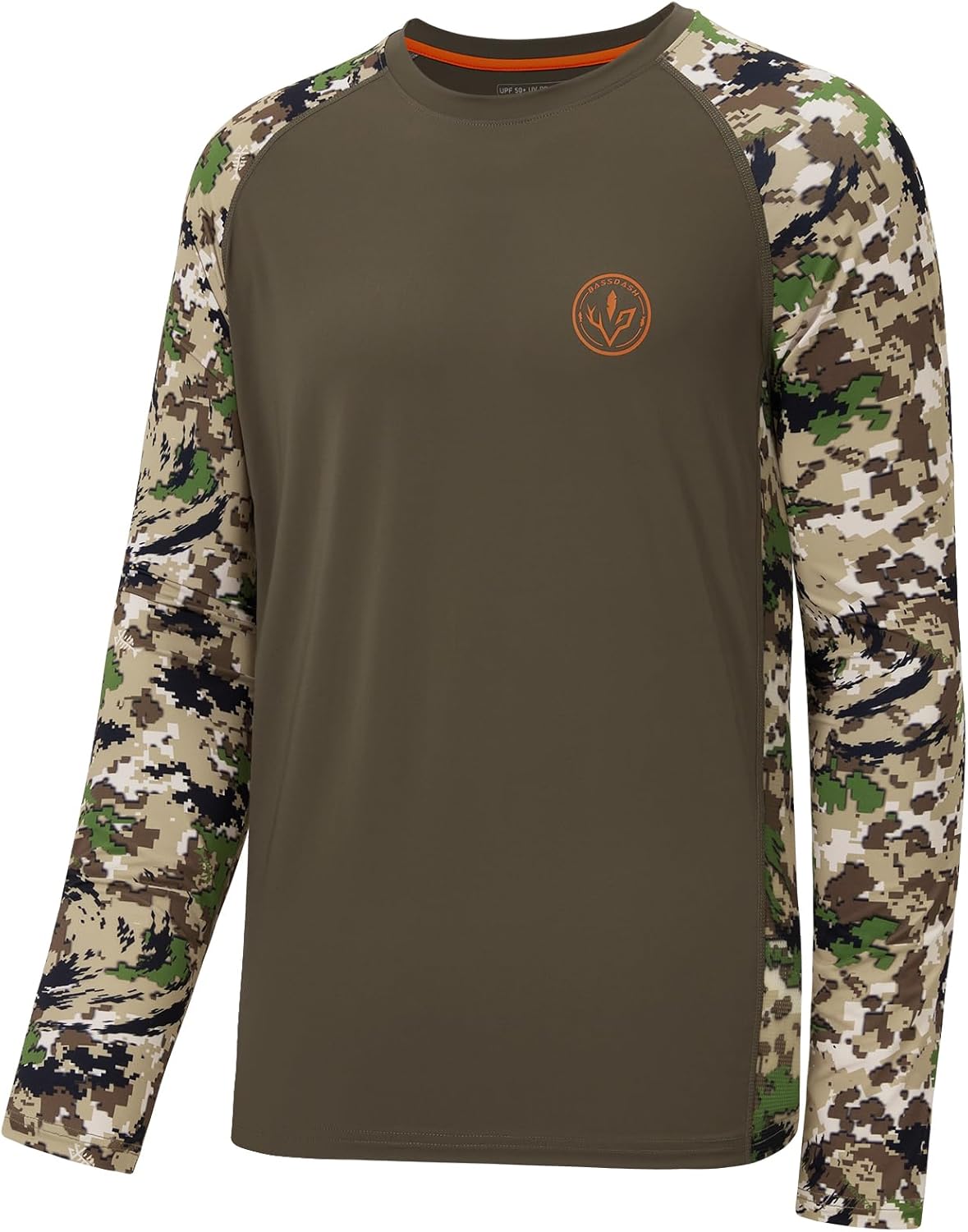 BASSDASH Men’s Lightweight Camo Hunting Shirt UPF 50+ Sun Protection Long Sleeve Hiking Fishing Performance Tee Mesh Panels