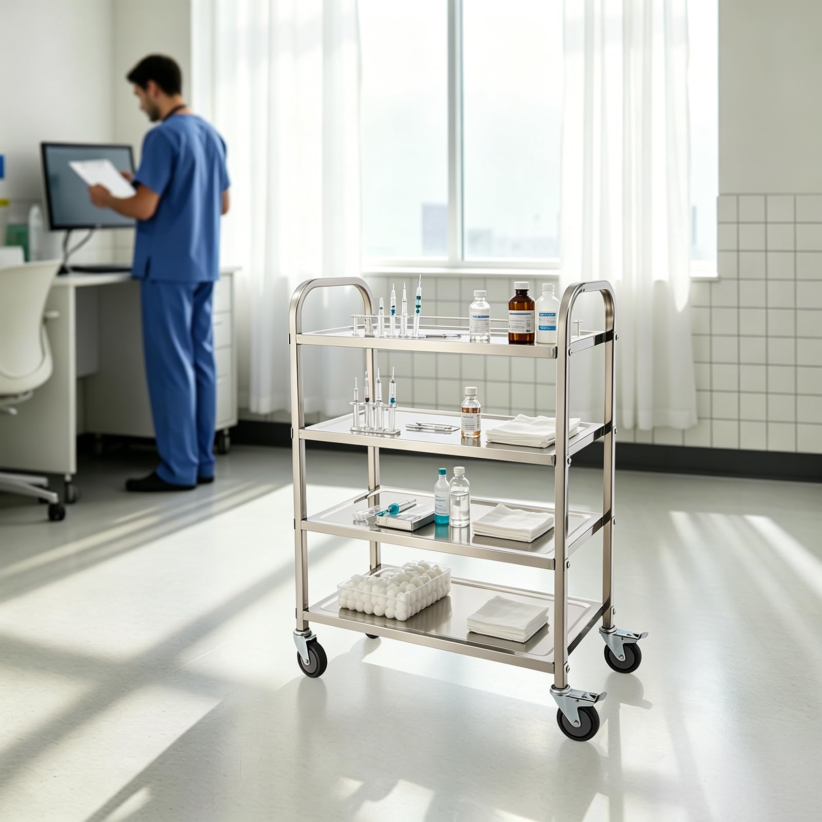 Carrello da portata in acciaio inox con 4 ripiani, carrello da
