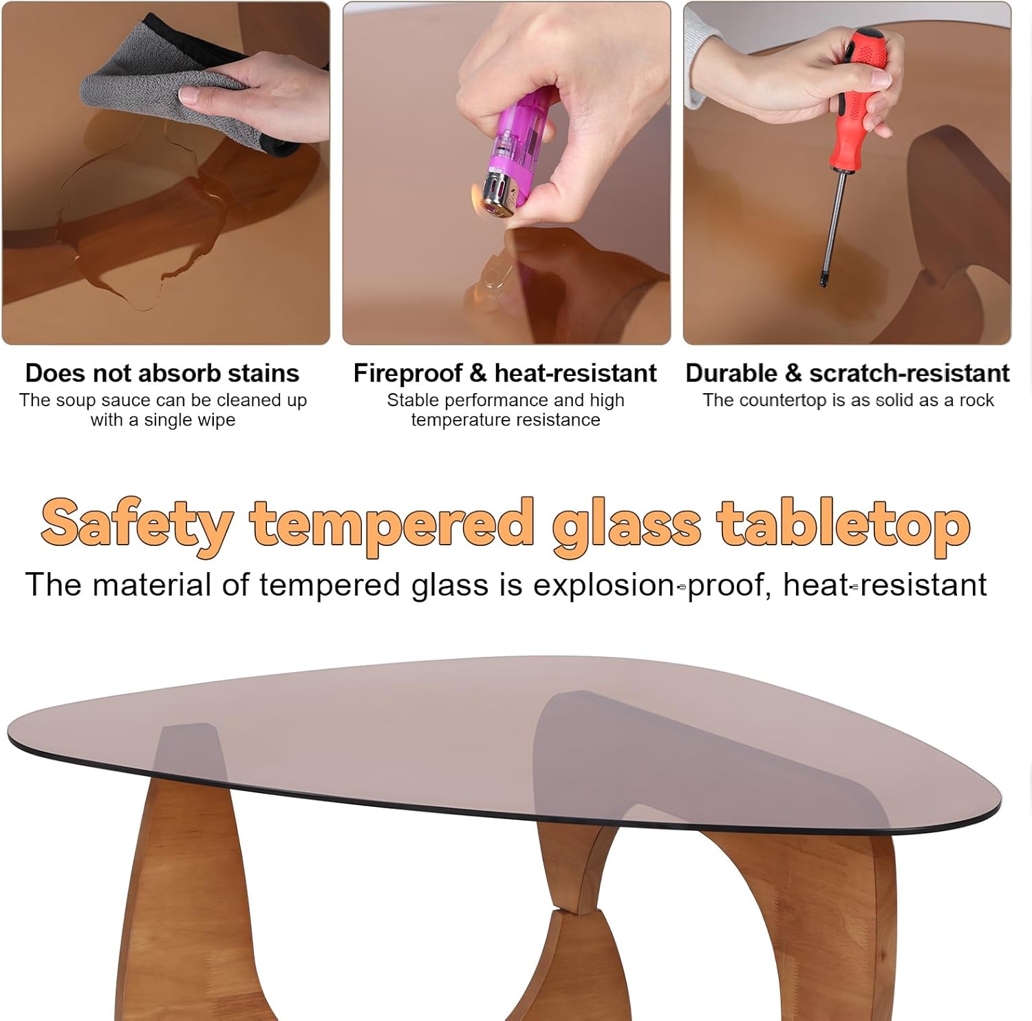 Small Glass Coffee Table, Mid Century Modern Coffee Table with Tempered Glass Top & Solid Wooden Base, Minimalist Center Tea Table for Living Room Bedroom Reception Office (Brown)