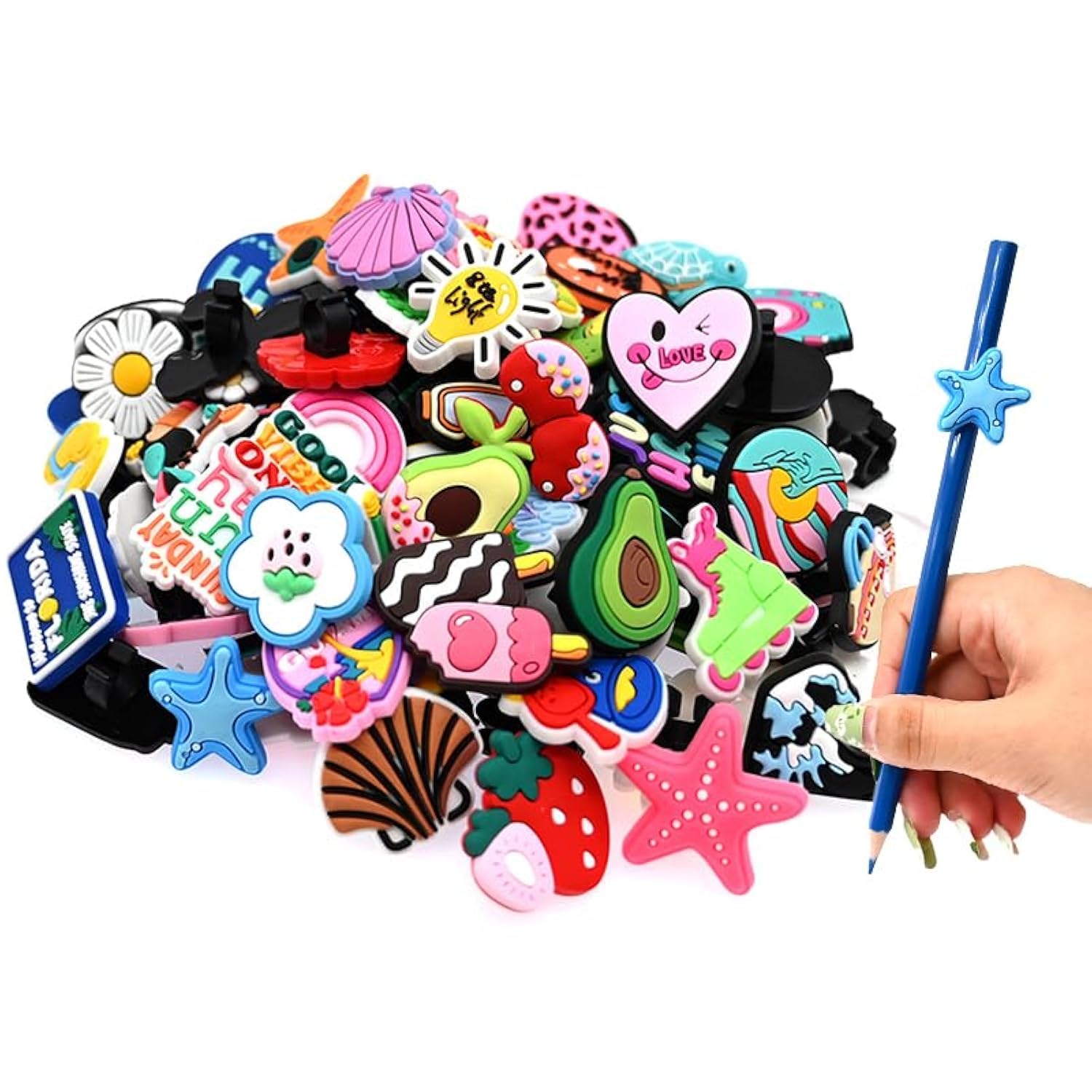 XHAOYEAHX 100PCS Summer Theme Different Pencil Topper Charms Decoration Sun Theme Ocean pen charms PVC pen Topper Student DIY Pencil Clips Charms