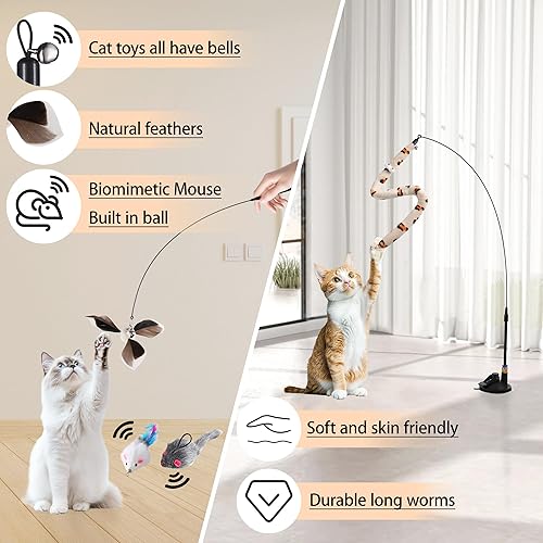 Miniatura 4 de Soarer Juguetes interactivos 4 en 1 de plumas para gatos, 12 piezas de caña de pescar duradera, repuesto de juguete de plumas para gatos, con