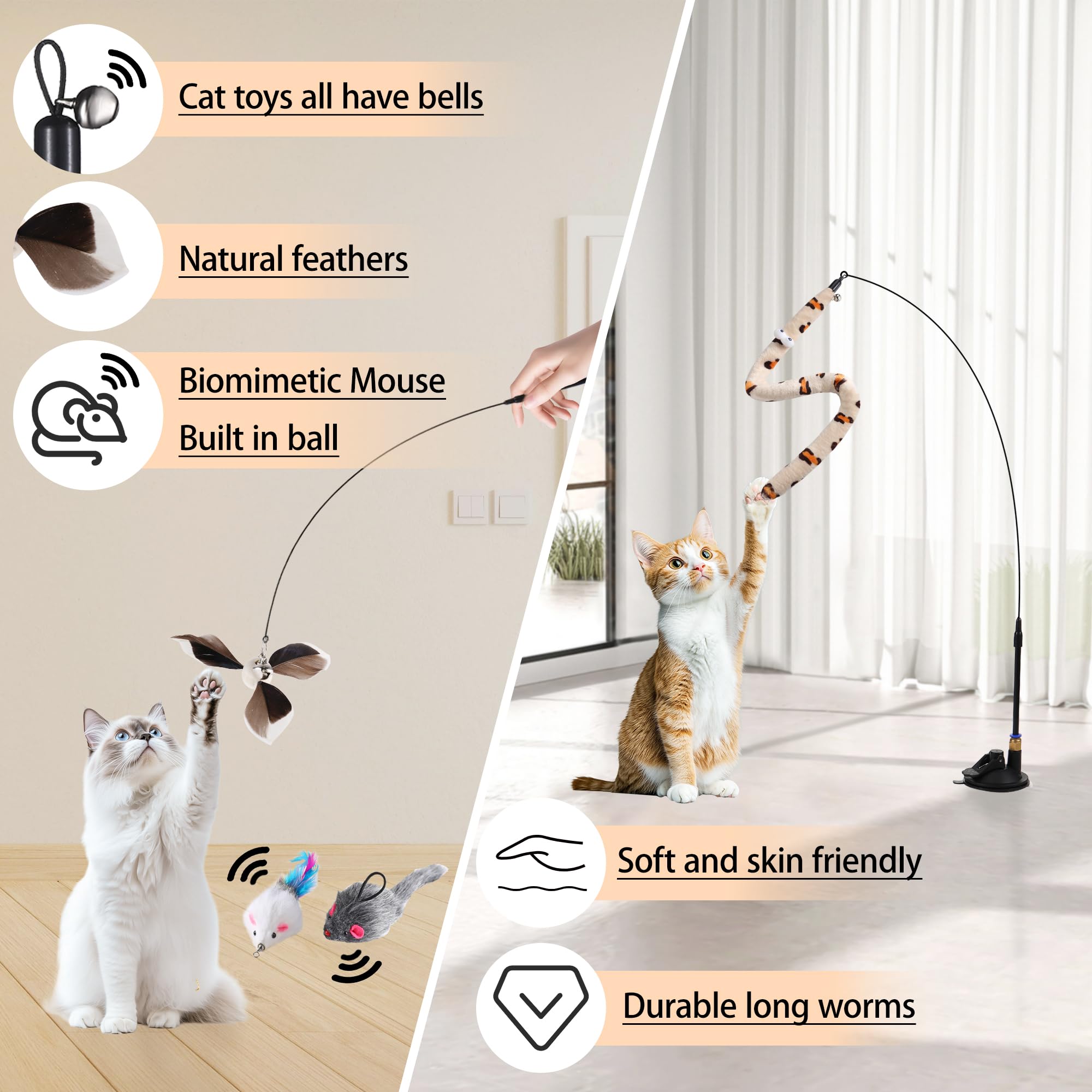 Soarer 4-in-1 Interactive Cat Feather Toys,12Pcs Durable Fishing Pole Cats Feathers Toy Replacements,Enhanced Suction Cup Cats Wand Toy,2 Types Door Hanging Cat String Toys for Indoor Kitten - Image 4