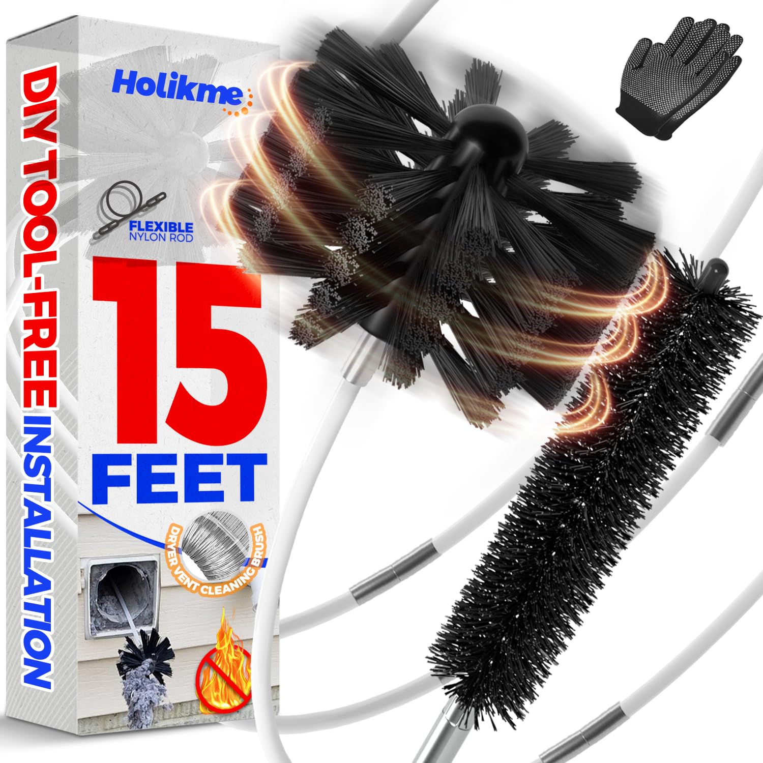 Holikme 15フィート 乾燥機通気口クリーニングブラシ 糸くず取り 最大15フィートまで延長 合成ブラシヘッド パワードリルの有無にかかわらず使用