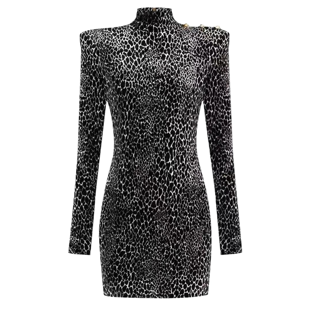 Winter Half High Neck Knitting Sweater Dresses for Women 2025 Fashion Long Sleeve Vintage Leopard Print Mini Dress