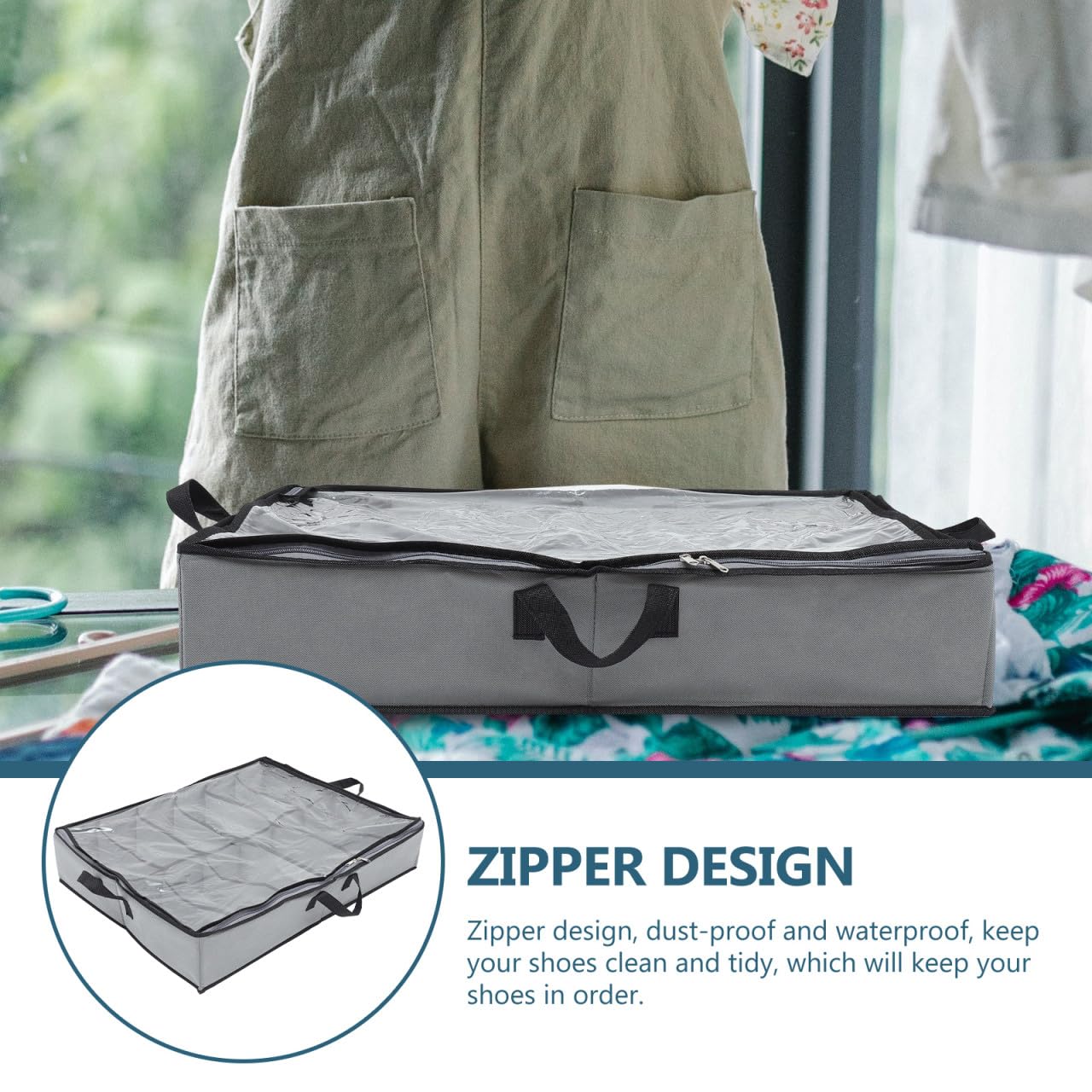 Contenedor Para Guardar Zapatos Transparente 12 Compartimentos Tela No Tejida Con Cremallera Almacenamiento Bajo Cama Gris Almacenamiento Plegable Para Hogar