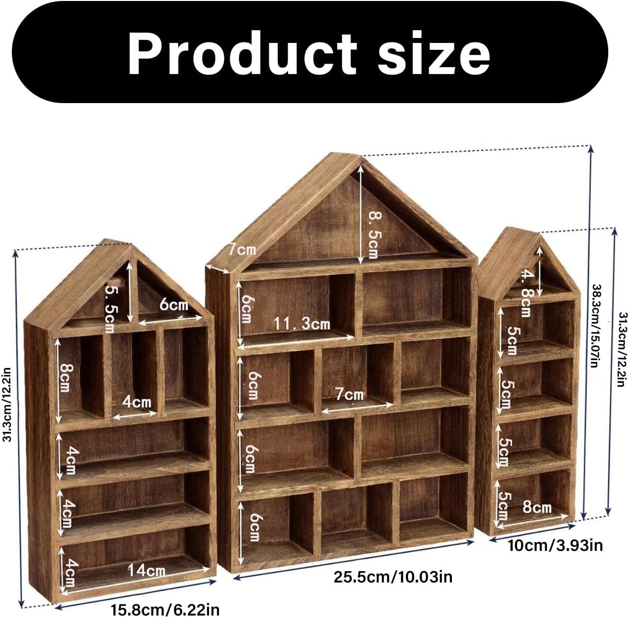 3pcs Wooden House Shape Wall Shelves Set Display Cabinets for Miniature Collections Storage Holder Large Wall Shelf for Collectibles